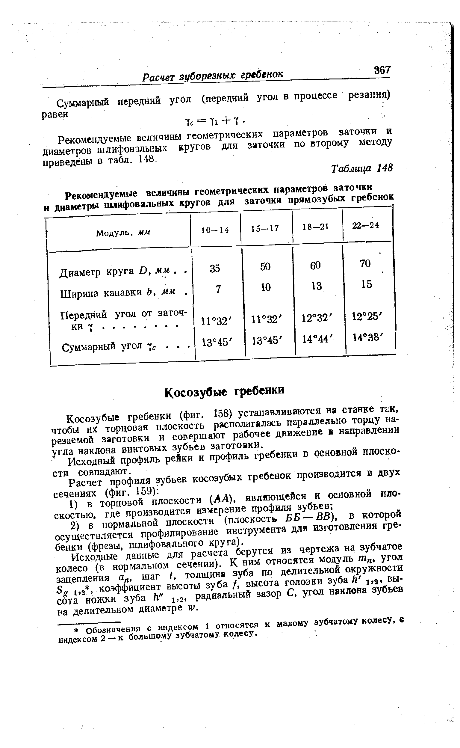 Косозубые гребенки (фиг. 158) устанавливаются на станке так, чтобы их торцовая плоскость располагалась параллельно торцу нарезаемой заготовки и совершают рабочее движение в направлении угла наклона винтовых зубьев заготовки.
