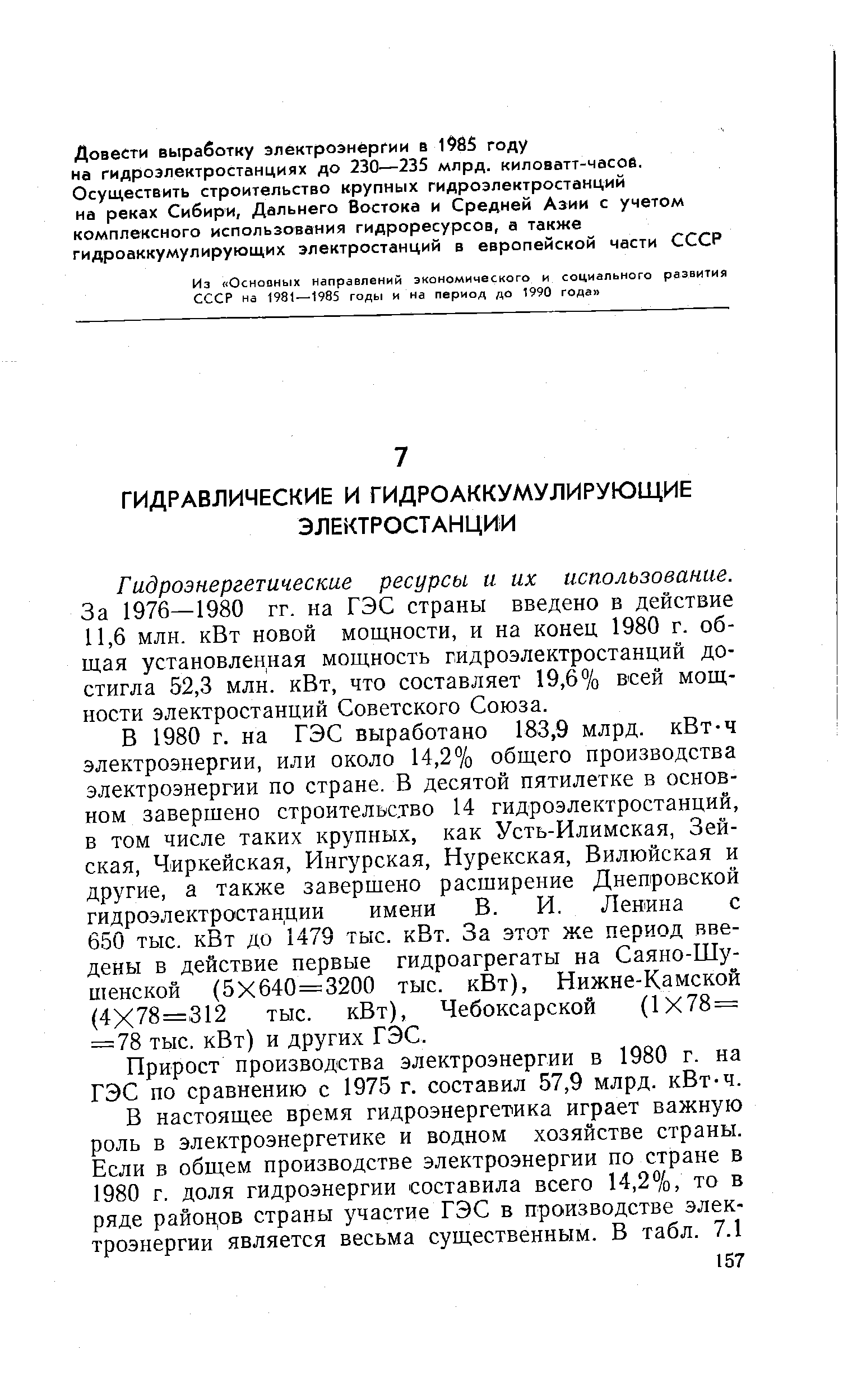 Прирост производства электроэнергии в 1980 г. на ГЭС по сравнению с 1975 г. составил 57,9 млрд. кВт-ч.
