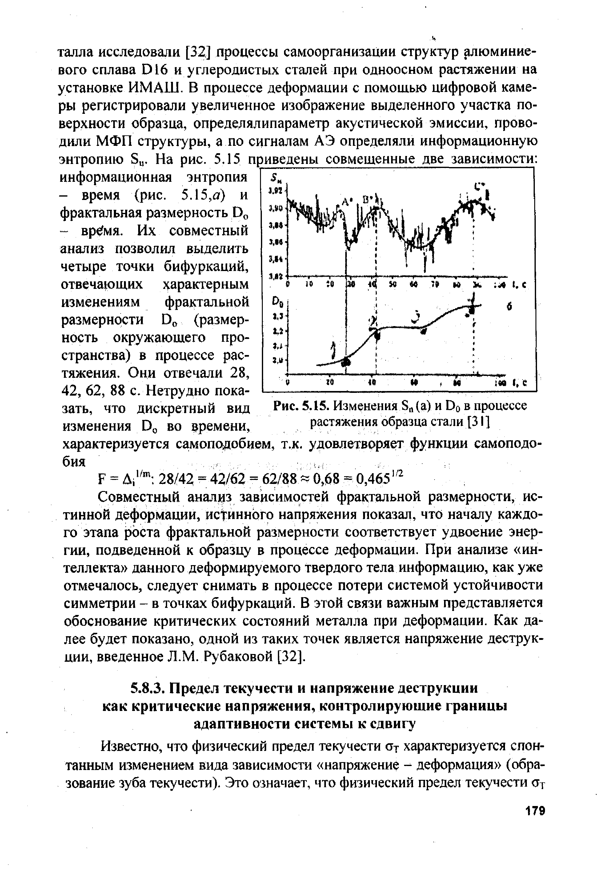 Совместный анализ зависимостей фрактальной размерности, истинной деформации, истинного напряжения показал, что началу каждого этапа роста фрактальной размерности соответствует удвоение энергии, подведенной к образцу в процессе деформации. При анализе интеллекта данного деформируемого твердого тела информацию, как уже отмечалось, следует снимать в процессе потери системой устойчивости симметрии - в точках бифуркаций. В этой связи важным представляется обоснование критических состояний металла при деформации. Как далее будет показано, одной из таких точек является напряжение деструкции, введенное Л.М. Рубаковой [32].
