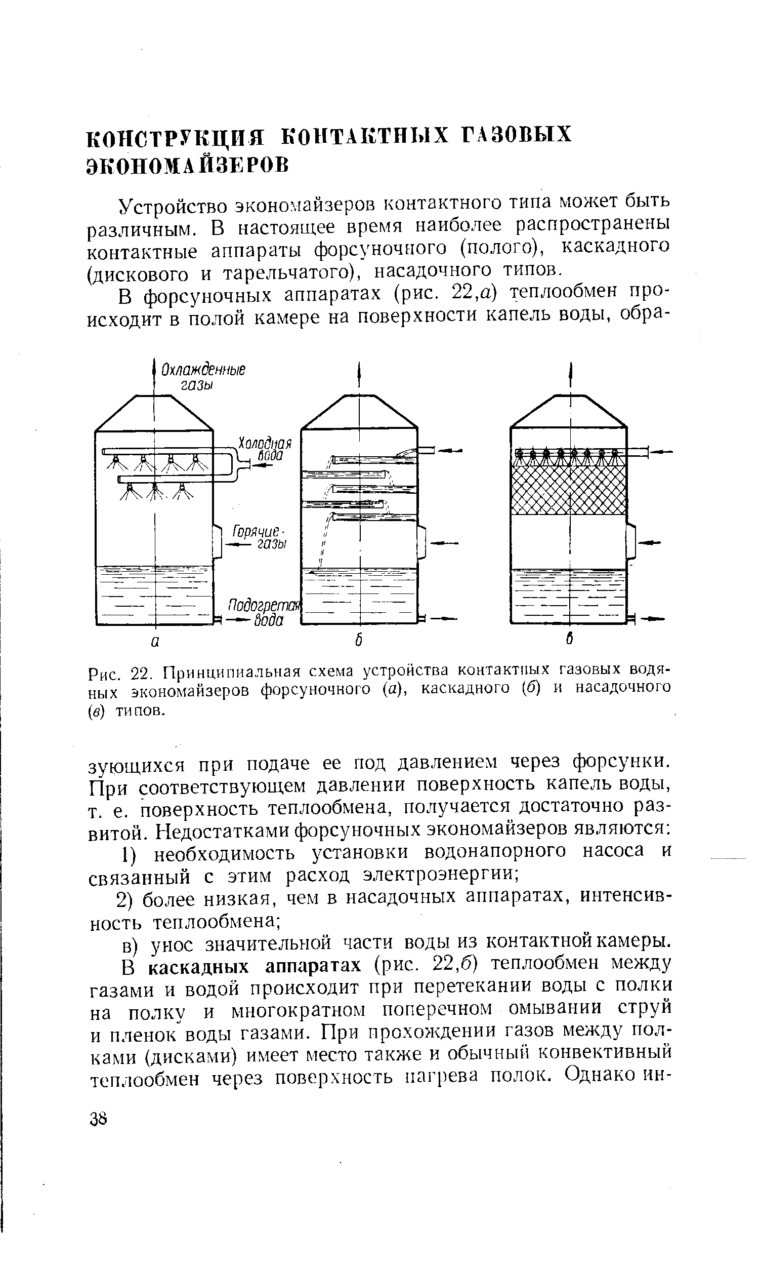 Рис. 22. <a href="/info/4763">Принципиальная схема</a> устройства контактных газовых <a href="/info/720">водяных экономайзеров</a> форсуночного (а), каскадного (б) и насадочного (в) типов.
