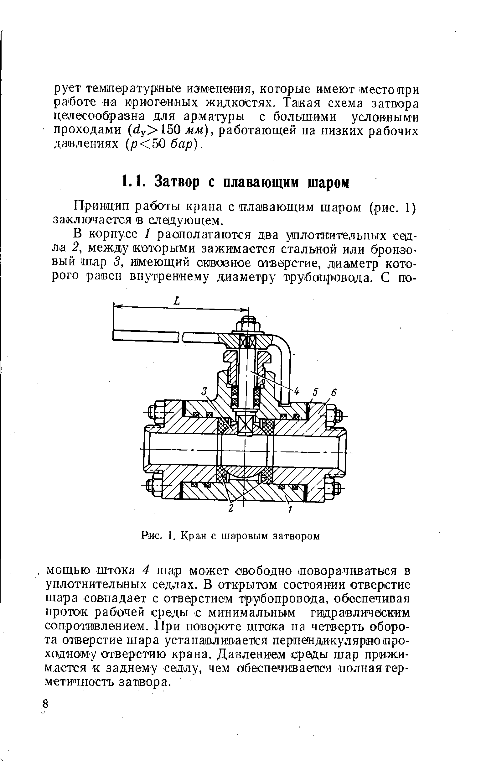 Принцип работы крана с плавающим шаром (рис. 1) заключается в следующем.
