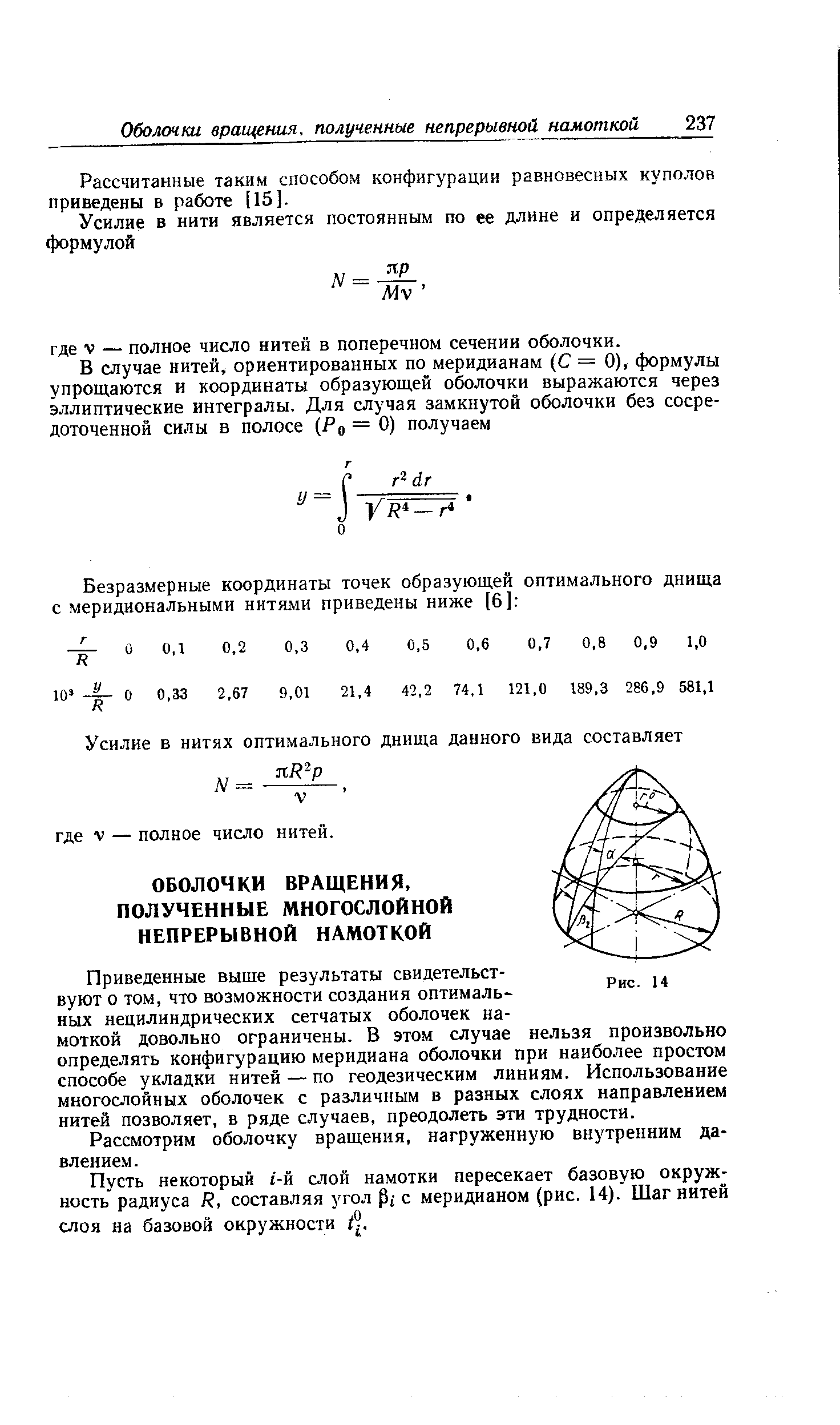 Приведенные выше результаты свидетельствуют о том, что возможности создания оптималь ных нецилнндрических сетчатых оболочек намоткой довольно ограничены. В этом случае нельзя произвольно определять конфигурацию меридиана оболочки при наиболее простом способе укладки нитей — по геодезическим линиям. Использование многослойных оболочек с различным в разных слоях направлением нитей позволяет, в ряде случаев, преодолеть эти трудности.
