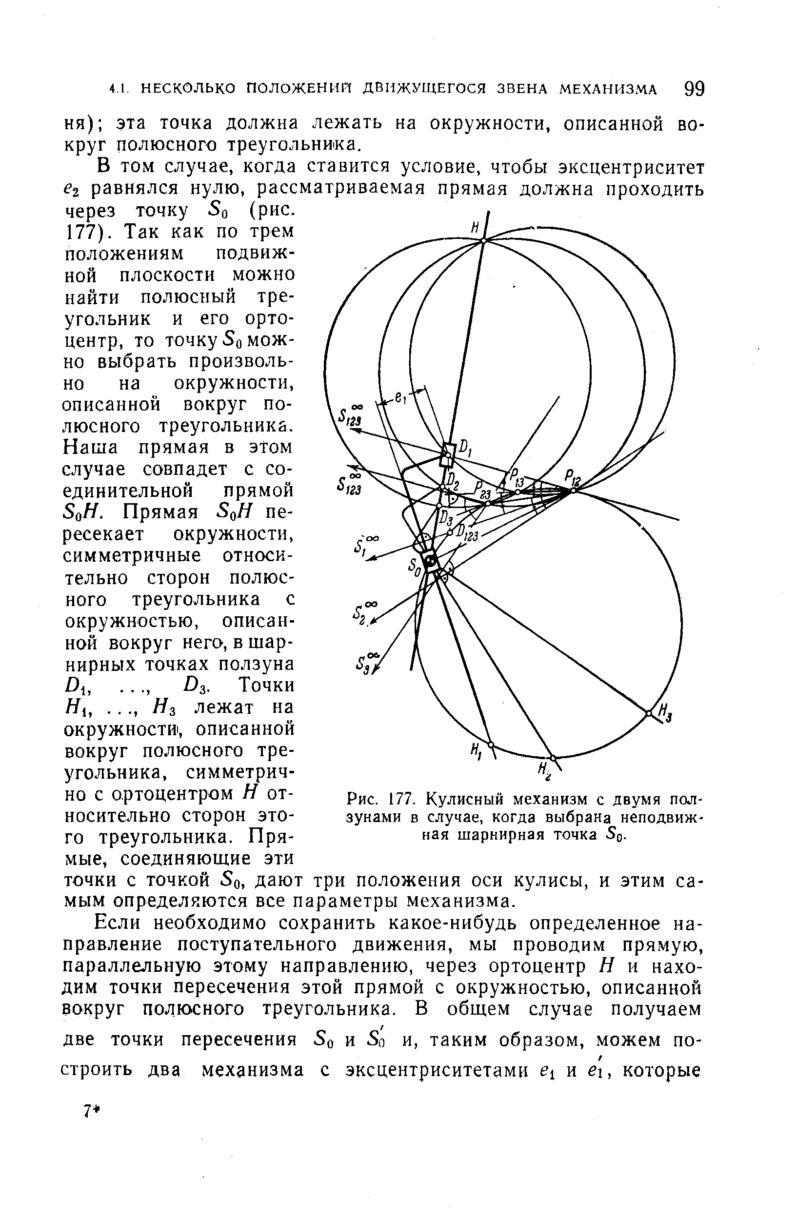 Рис. 177. Кулисный механизм с двумя ползунами в случае, когда выбрана неподвижная шарнирная точка Sq.
