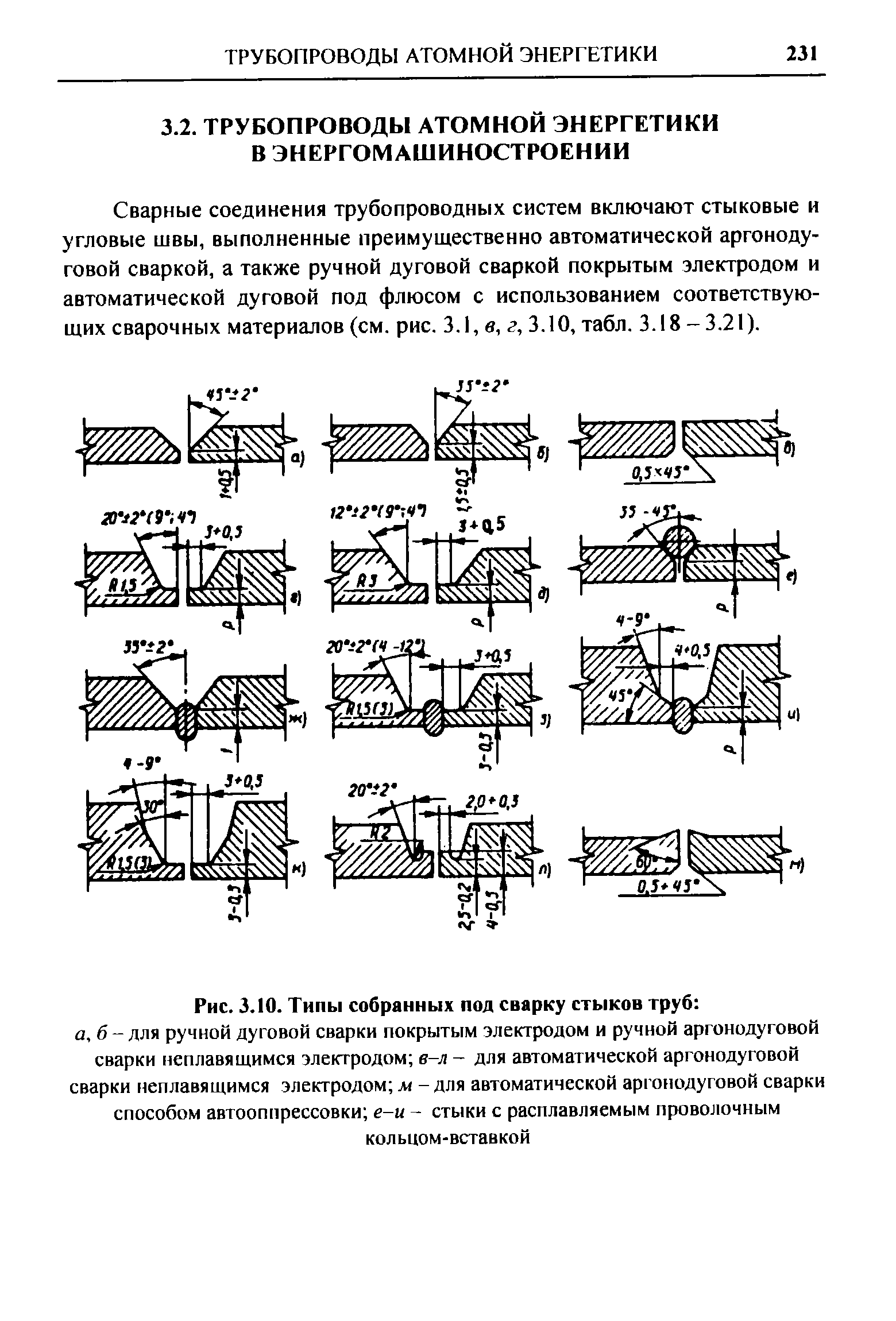 Сварные соединения трубопроводных систем включают стыковые и угловые швы, выполненные преимущественно автоматической аргонодуговой сваркой, а также ручной дуговой сваркой покрытым электродом и автоматической дуговой под флюсом с использованием соответствующих сварочных материалов (см. рис. 3.1, в, г, 3.10, табл. 3.18-3.21).
