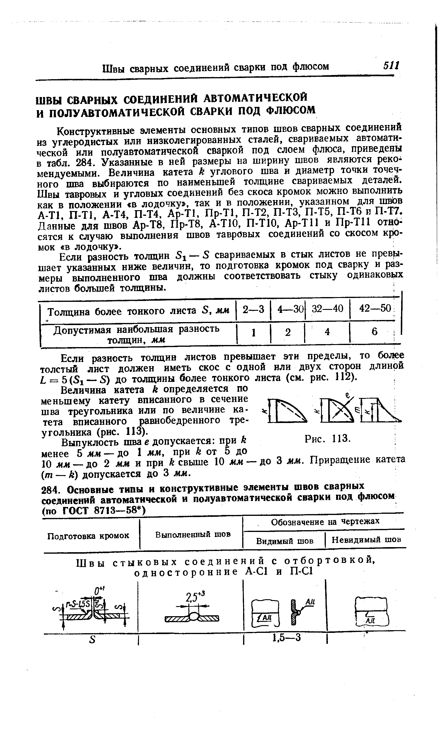 Конструктивные элементы основных типов швов сварных соединений из углеродистых или низколегированных сталей, свариваемых автоматической или полуавтоматической сваркой под слоем флюса, приведены в табл. 284. Указанные в ней размеры на ширину швов являются рекомендуемыми. Величина катета к углового шва и диаметр точки точечного шва выбираются по наименьшей толщине свариваемых деталей. Швы тавровых и угловых соединений без скоса кромок можно выполнить как в положении в лодочку , так и в положении, указанном для ш в А-Т1, П-Т1, А-Т4, П-Т4, Ар-Т1, Пр-Т1, П-Т2, П-ТЗ, П-Т5, П-Т6 и П-Т7. Данные для швов Ар-Т8, Пр-Т8, А-Т10, П-ТЮ, Ар-ТИ и Пр-ТП относятся к случаю выполнения швов тавровых соединений со скосом кромок в лодочку .
