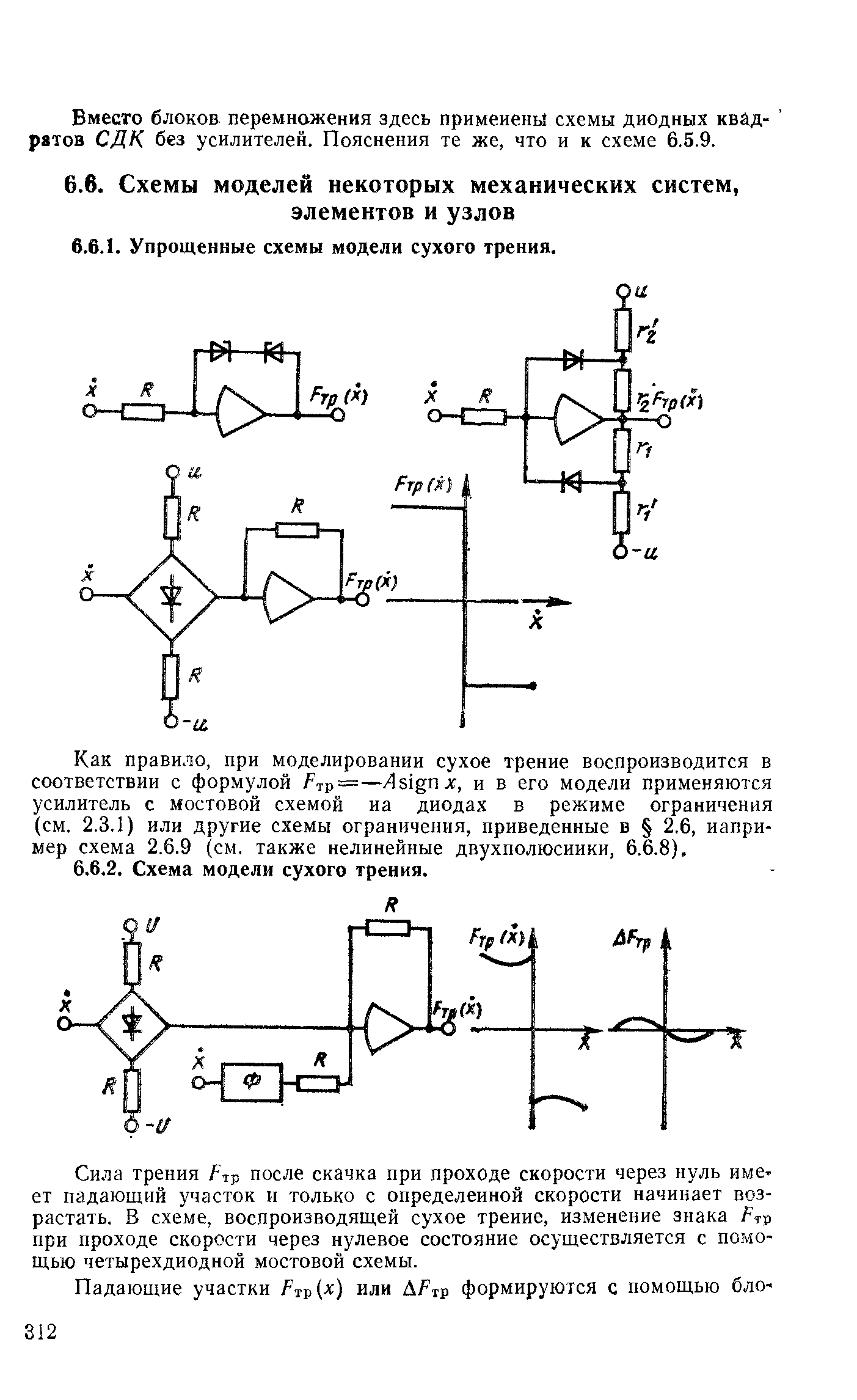 Сила трения после скачка при проходе скорости через нуль име. ет падающий участок и только с определенной скорости начинает возрастать. В схеме, воспроизводящей сухое трение, изменение знака / тр при проходе скорости через нулевое состояние осуществляется с помощью четырехдиодной мостовой схемы.
