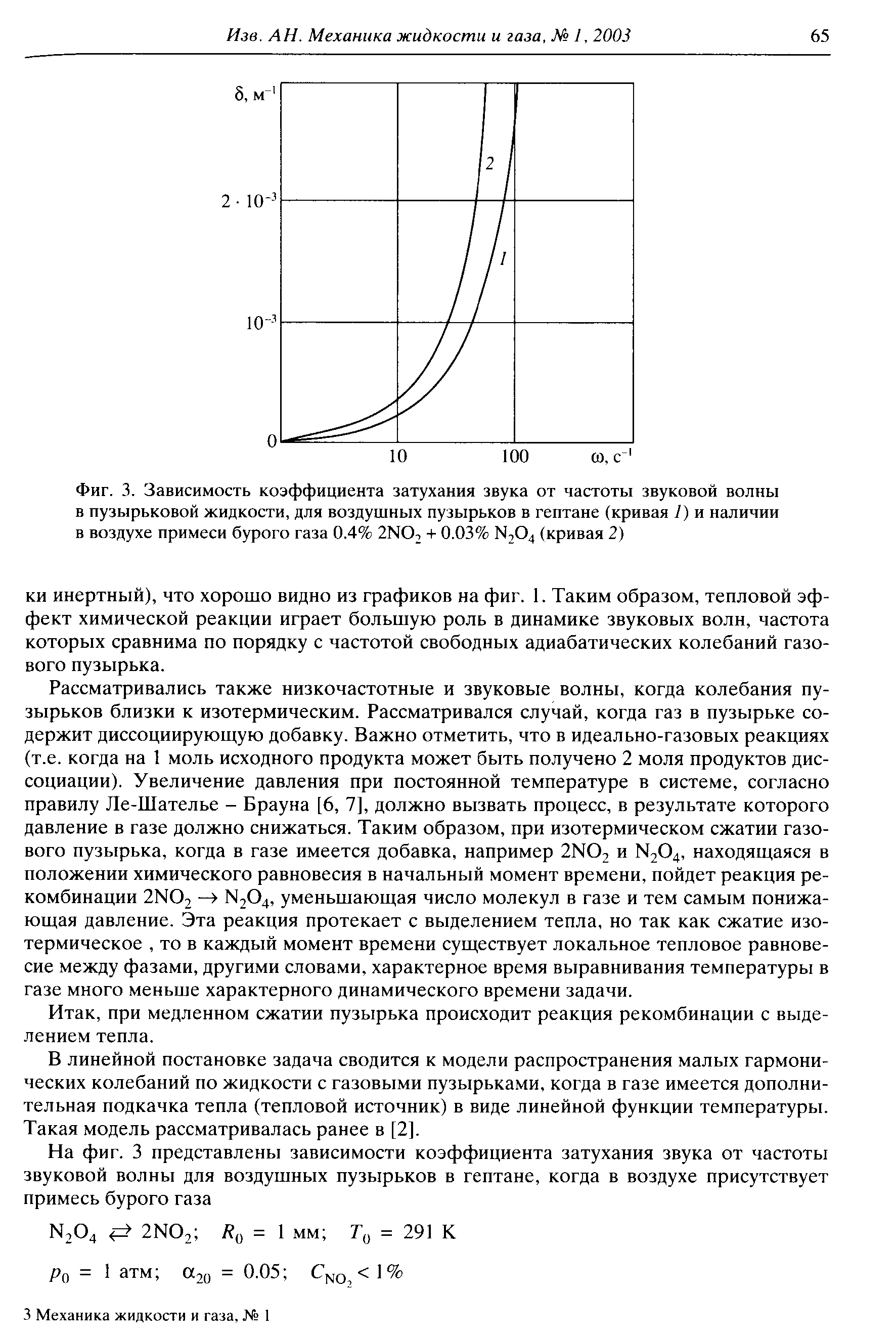 Фиг. 3. Зависимость коэффициента затухания звука от <a href="/info/364079">частоты звуковой</a> волны в пузырьковой жидкости, для воздушных пузырьков в гептане (кривая 7) и наличии в воздухе примеси бурого газа 0.4% 2НО, + 0.03% N,04 (кривая 2)
