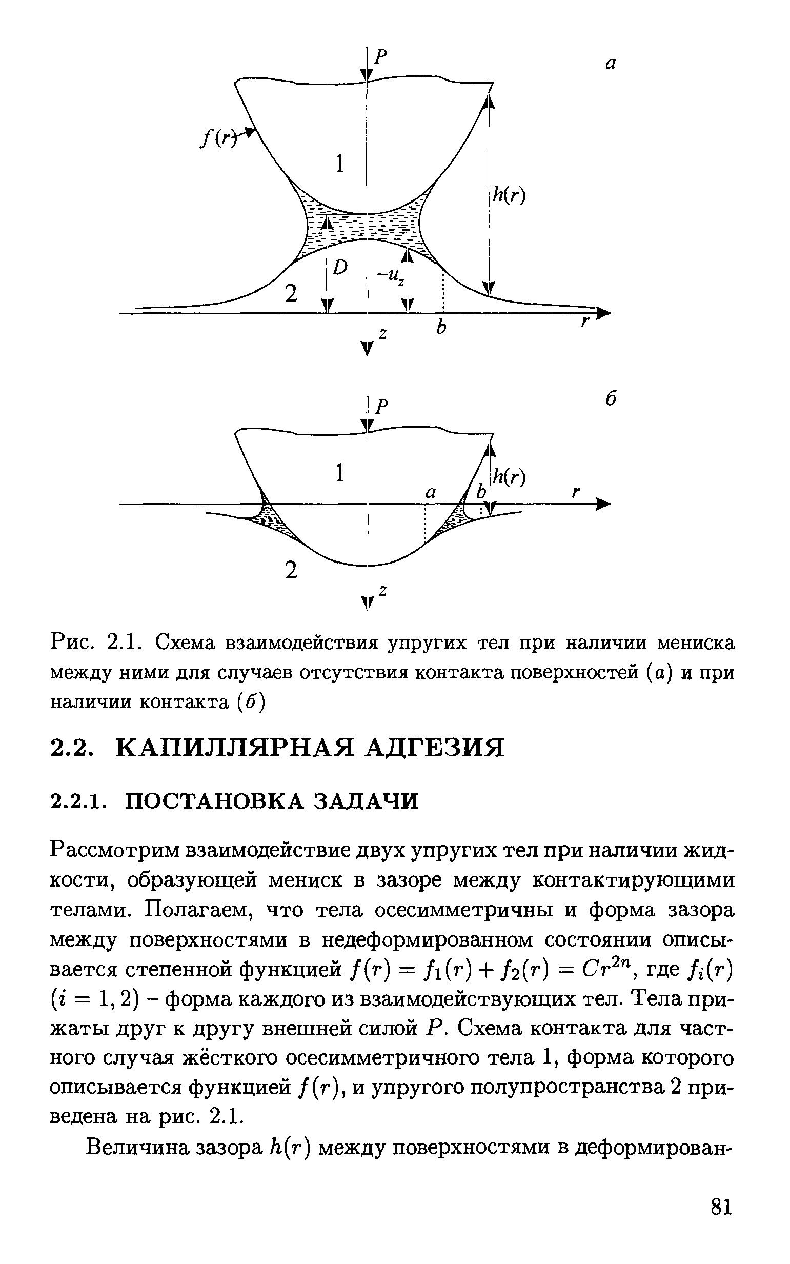 Рассмотрим взаимодействие двух упругих тел при наличии жидкости, образующей мениск в зазоре между контактирующими телами. Полагаем, что тела осесимметричны и форма зазора между поверхностями в недеформированном состоянии описывается степенной функцией /(г) = fi r) + /2(7 ) = где /j(r) (г = 1,2) - форма каждого из взаимодействующих тел. Тела прижаты друг к другу внешней силой Р. Схема контакта для частного случая жёсткого осесимметричного тела 1, форма которого описывается функцией / (г), и упругого полупространства 2 приведена на рис. 2.1.
