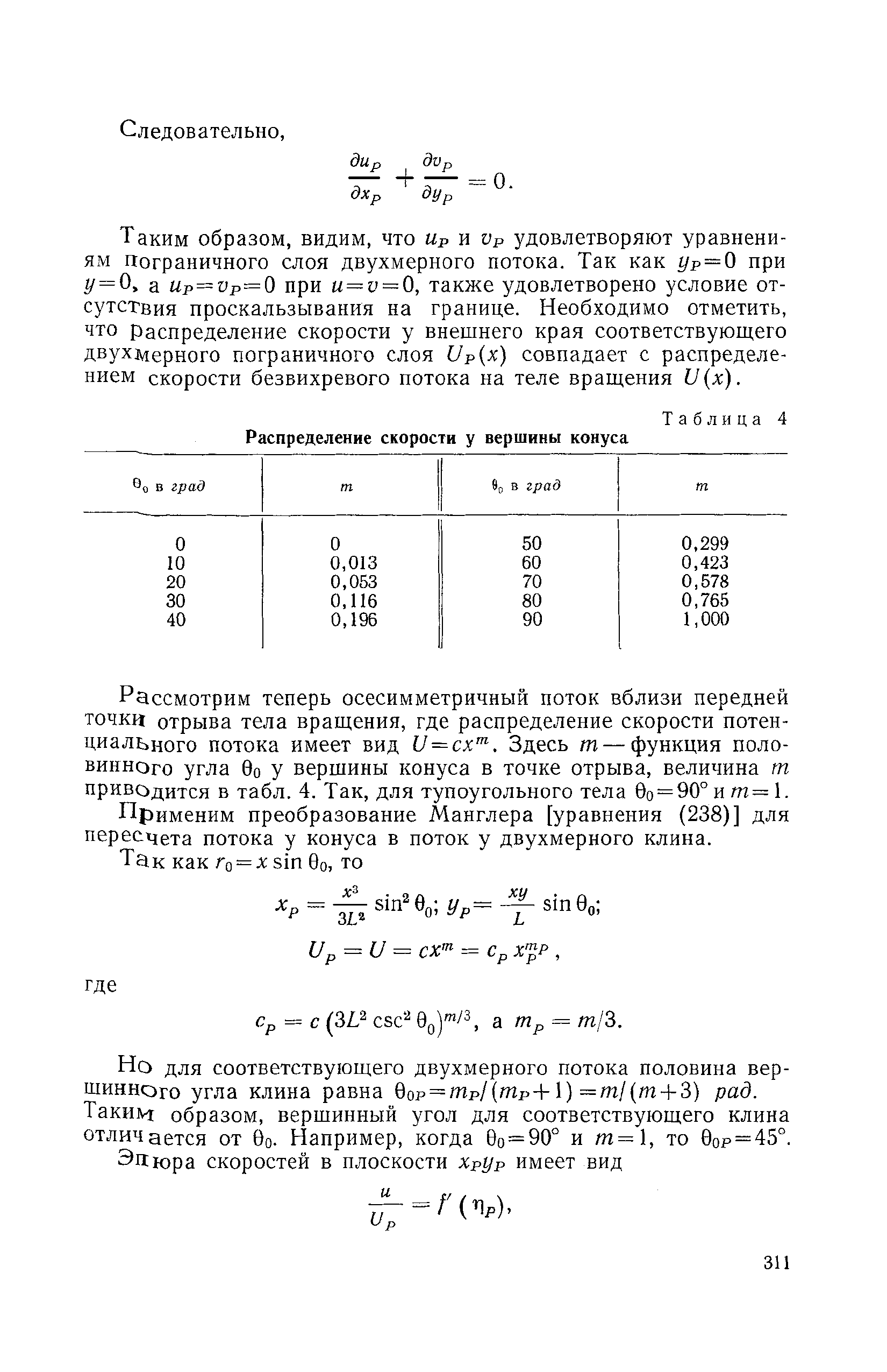 Таким образом, видим, что Ир и Ор удовлетворяют уравнениям Пограничного слоя двухмерного потока. Так как Ур = 0 при = 0 а Ир=1)р=0 при м = и = 0, также удовлетворено условие отсутствия проскальзывания на границе. Необходимо отметить, что распределение скорости у внешнего края соответствующего двухмерного пограничного слоя Ир х) совпадает с распределением скорости безвихревого потока на теле вращения И [х].

