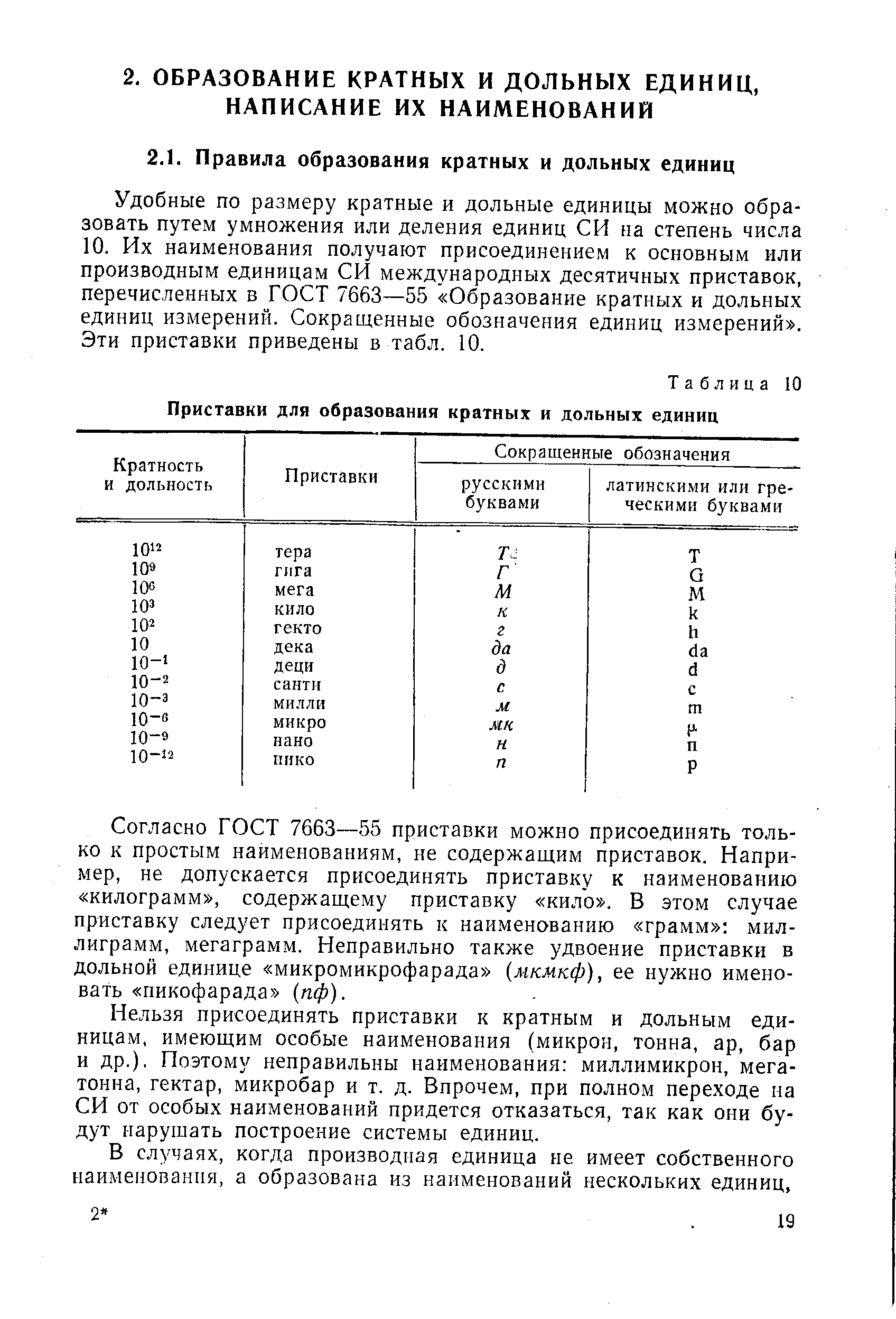 Удобные по размеру кратные и дольные единицы можно образовать путем умножения или деления единиц СИ па степень числа 10. Их наименования получают присоединением к основным или производным единицам СИ международных десятичных приставок, перечисленных в ГОСТ 7663—55 Образование кратных и дольных единиц измерений. Сокращенные обозначения единиц измерений . Эти приставки приведены в табл. 10.
