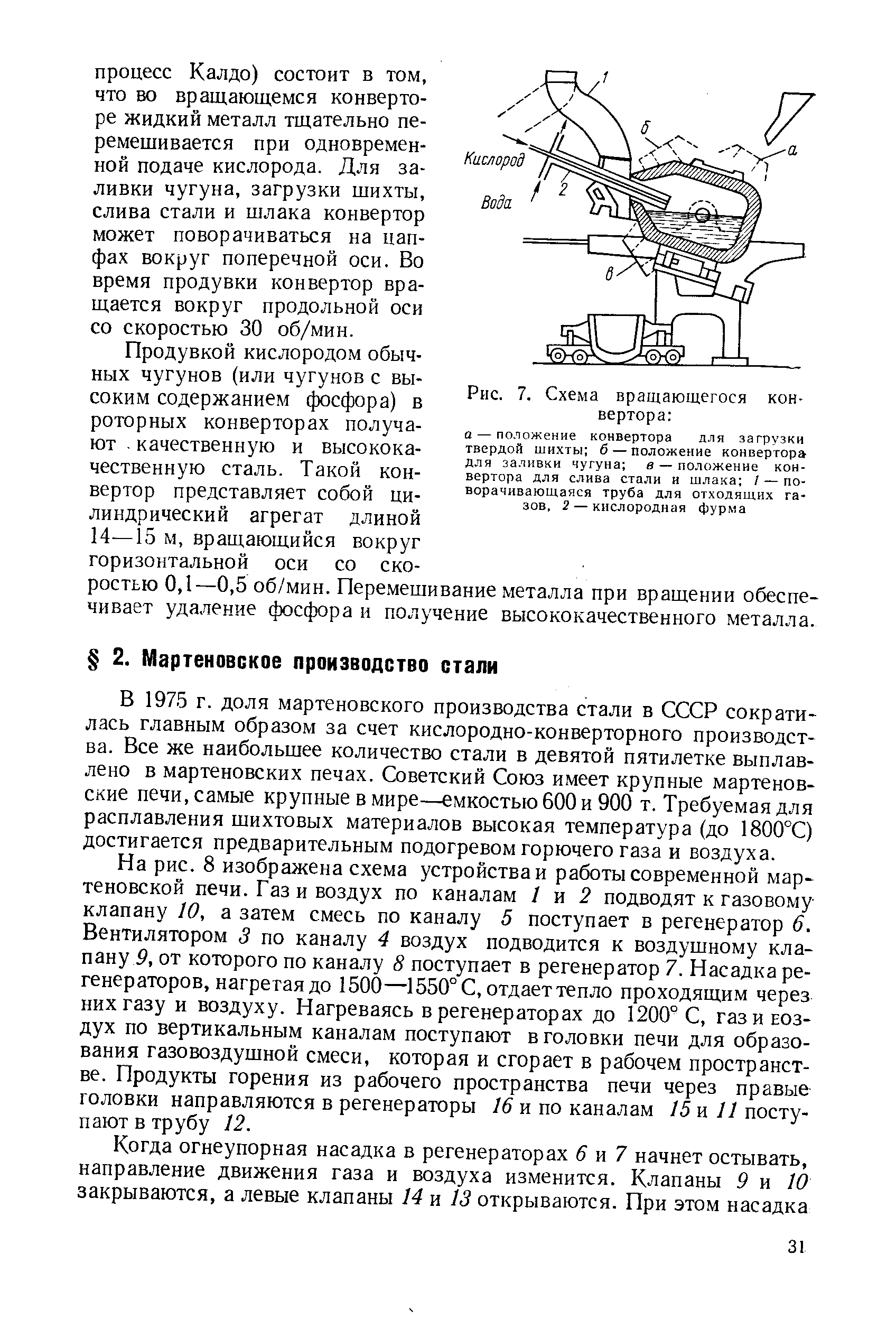 В 1975 г. доля мартеновского производства стали в СССР сократилась главным образом за счет кислородно-конверторного производства. Все же наибольшее количество стали в девятой пятилетке выплавлено в мартеновских печах. Советский Союз имеет крупные мартеновские печи, самые крупные в мире—емкостью 600 и 900 т. Требуемая для расплавления шихтовых материалов высокая температура (до 1800°С) достигается предварительным подогревом горючего газа и воздуха.
