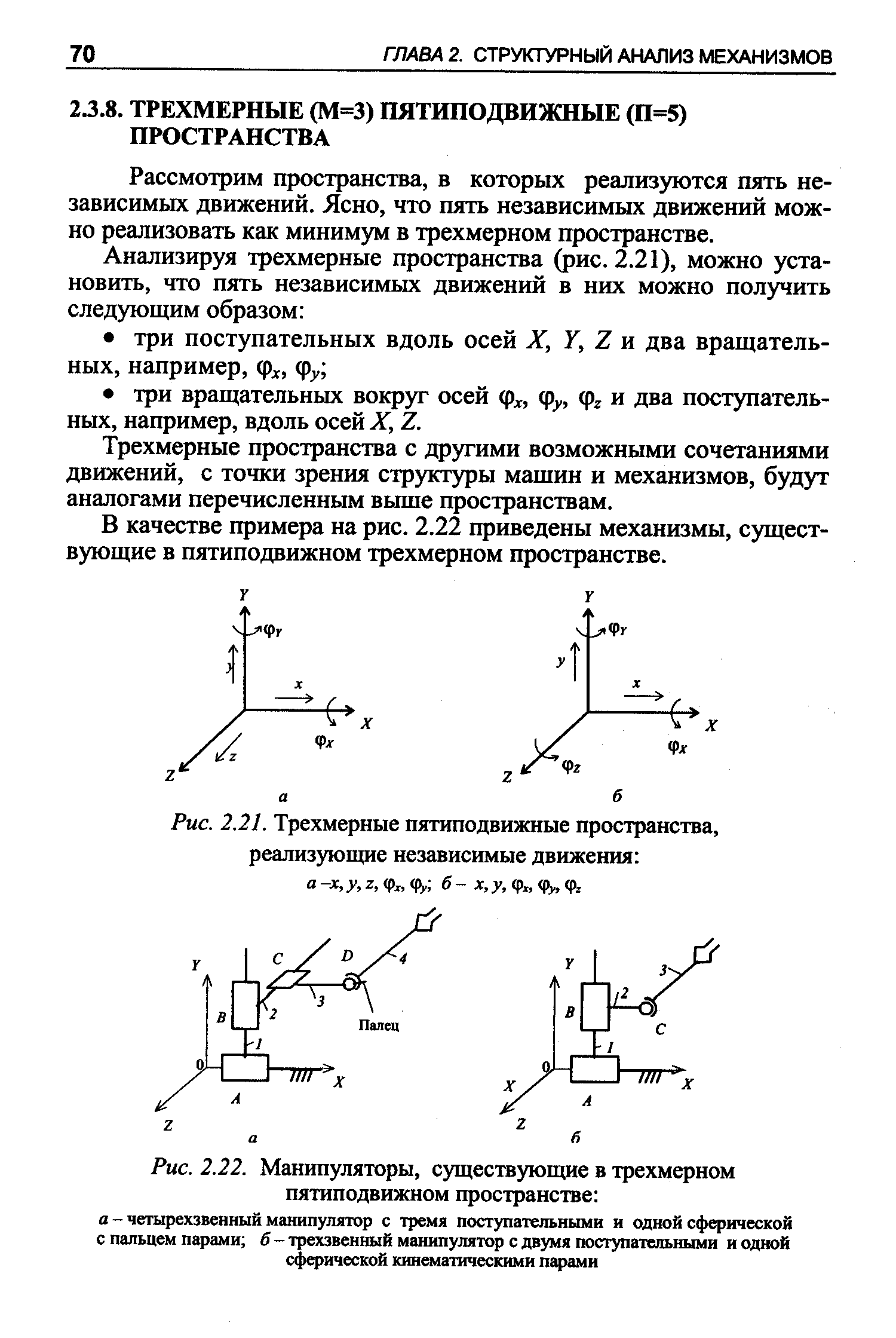 Рис. 2.22. Манипуляторы, существующие в трехмерном пятиподвижном пространстве а - четырехзвенный манипулятор с тремя поступательными и одной сферической с пальцем парами б - трехзвенный манипулятор с двумя поступательными и одной сферической кинематическими парами
