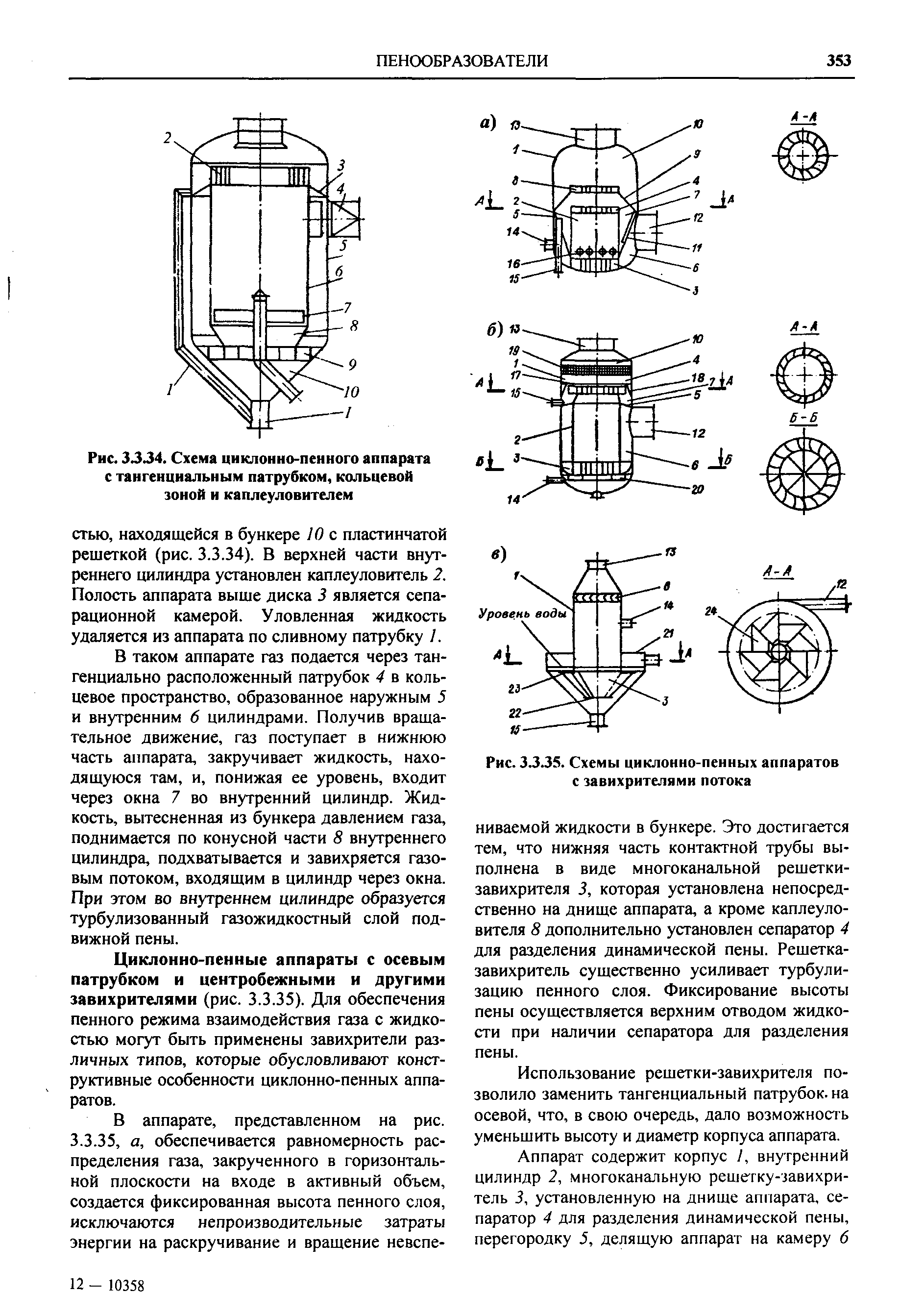Рис. 33 J4. Схема циклонно-пенного аппарата с тангенциальным патрубком, кольцевой зоной и каплеуловителем
