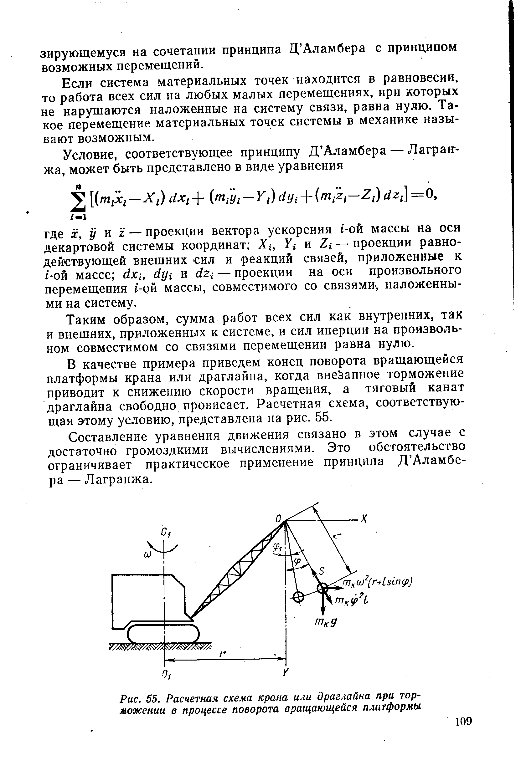 Рис. 55. <a href="/info/7045">Расчетная схема</a> крана или драглайна при торможении в процессе поворота вращающейся п.ттформы
