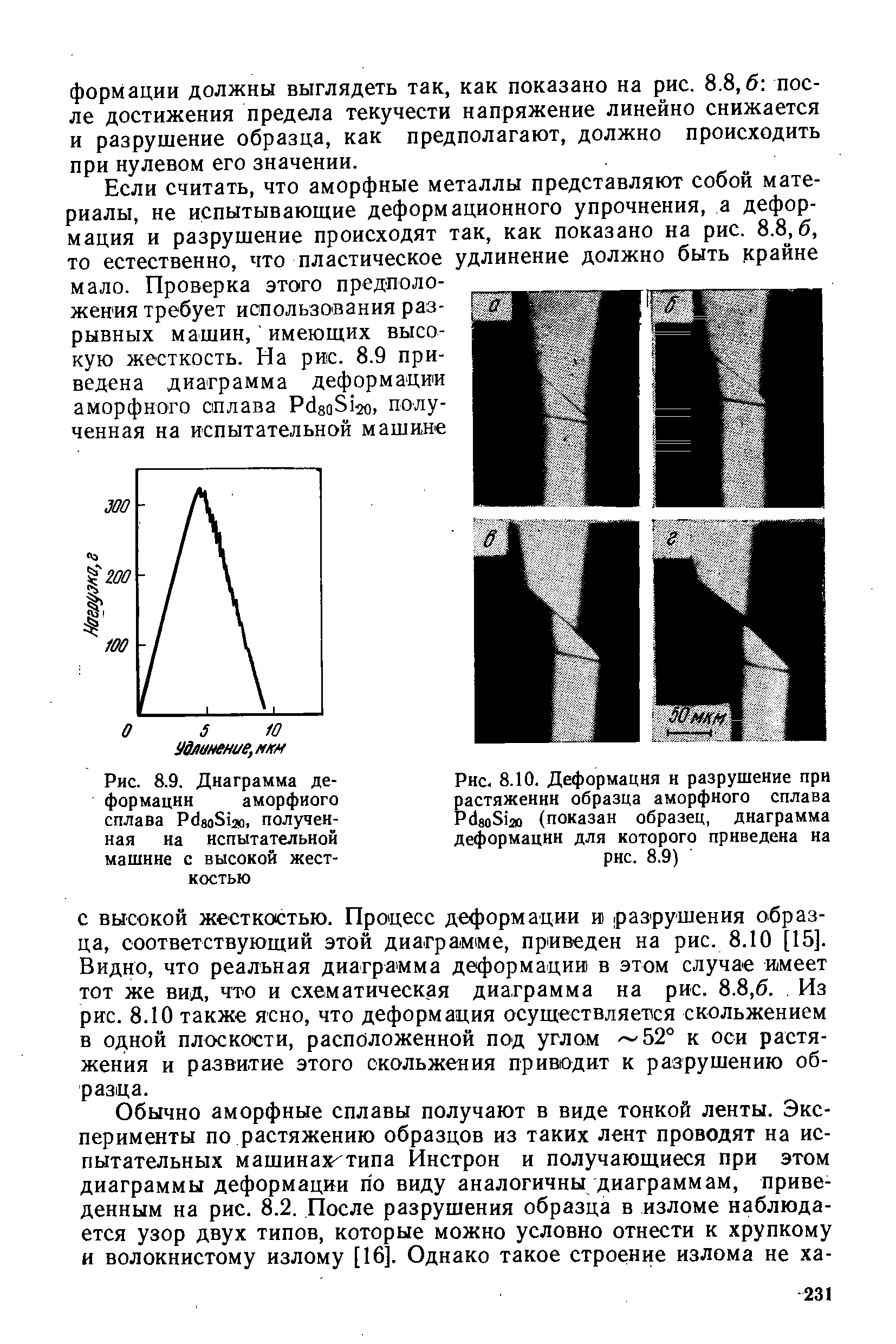С ВЫСОКОЙ жесткостью. Процесс деформации и разрушения образца, соответствуюш ий этой диаграмме, приведен на рис. 8.10 [15]. Видно, что реальная диаграмма деформации в этом случае имеет тот же вид, что и схематическая диаграмма на рис. 8.8,6.. Из рис. 8.10 также ясно, что деформация осуществляется скольжением в одной плоскости, расположенной под углом 52° к оси растяжения и развитие этого скольжения приводит к разрушению образца.
