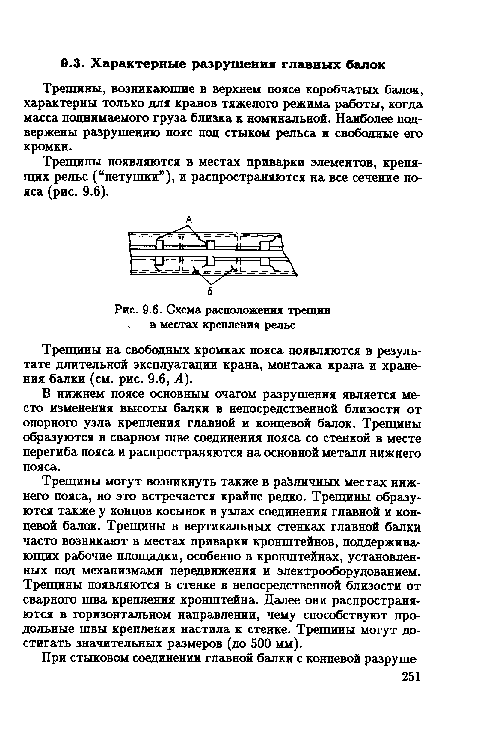 Трещины, возникающие в верхнем поясе коробчатых балок, характерны только для кранов тяжелого режима работы, когда масса поднимаемого груза близка к номинальной. Наиболее подвержены разрушению пояс под стыком рельса и свободные его кромки.
