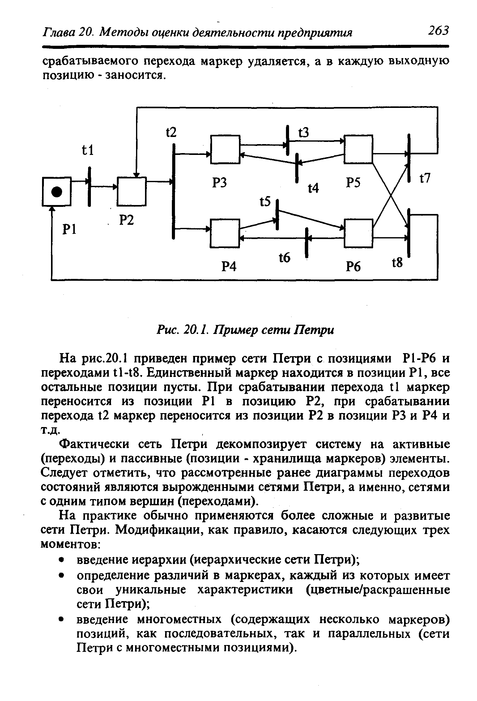 На рис.20.1 приведен пример сети Петри с позициями Р1-Р6 и переходами 11-18. Единственный маркер находится в позиции Р1, все остальные позиции пусты. При срабатывании перехода 11 маркер переносится из позиции Р1 в позицию Р2, при срабатывании перехода 12 маркер переносится из позиции Р2 в позиции РЗ и Р4 и Т.Д.
