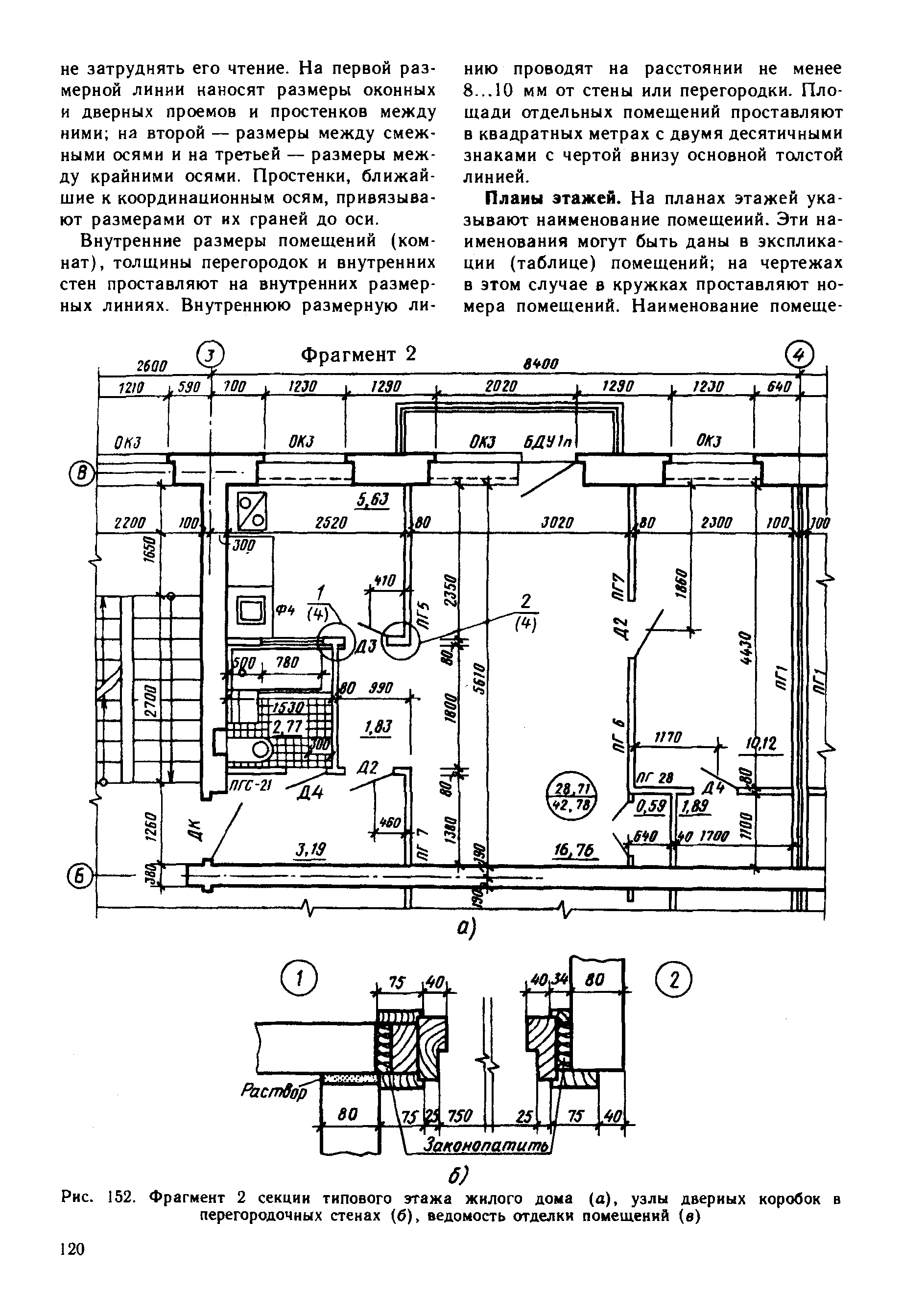 Рис. 152. Фрагмент 2 секции типового этажа <a href="/info/340460">жилого дома</a> (а), узлы дверных коробок в перегородочных стенах (б), ведомость отделки помещений (в)
