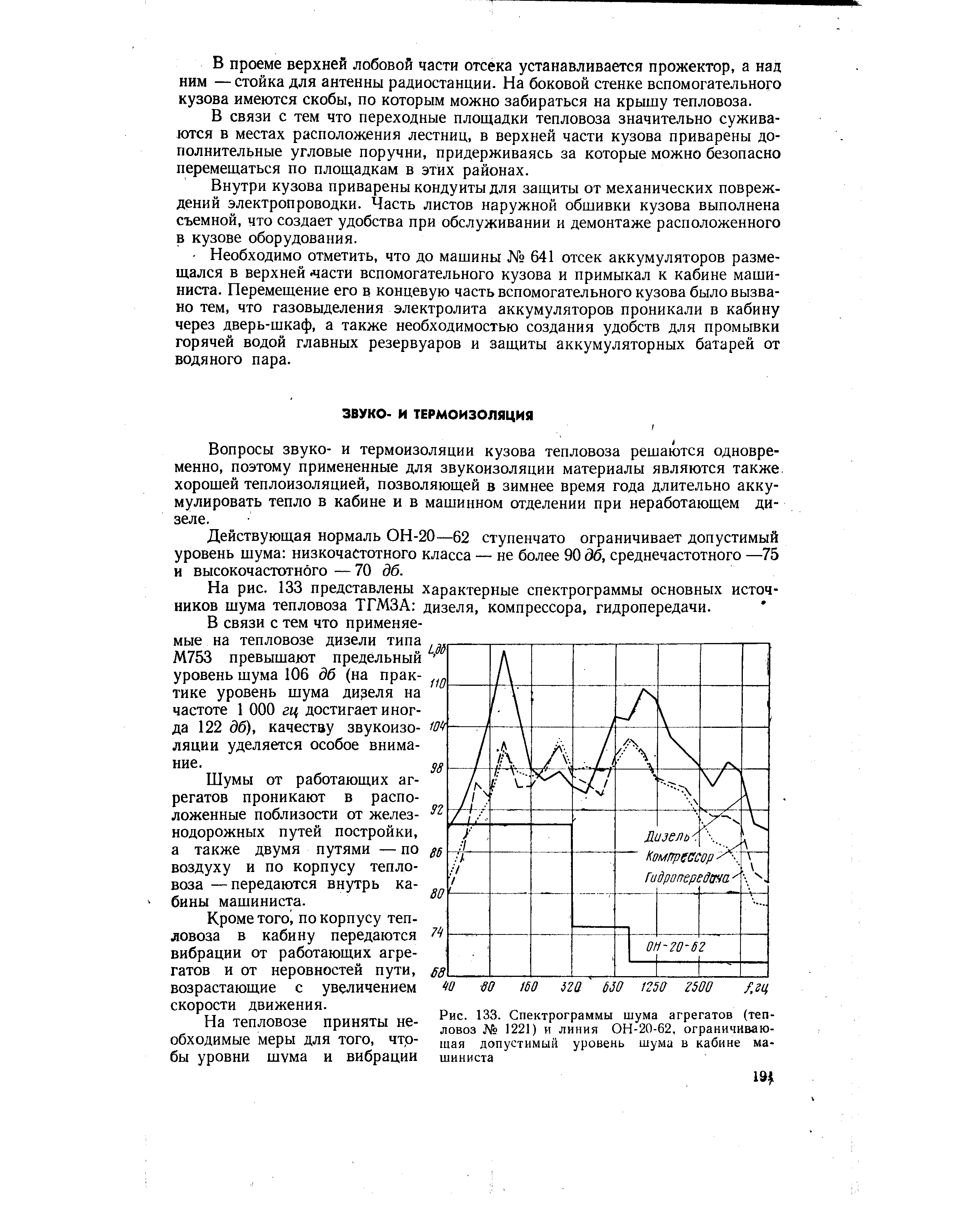 Рис. 133. Спектрограммы шума агрегатов (тепловоз № 1221) и линия ОН-20-62, ограничивающая <a href="/info/536563">допустимый уровень шума</a> в кабине машиниста
