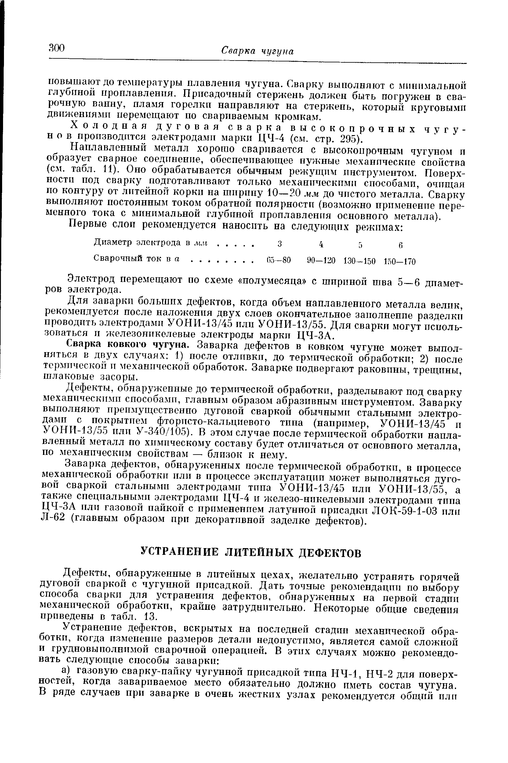 Дефекты, обнаруженные в литейных цехах, желательно устранять горячей дуговой сваркой с чугунной присадкой. Дать точные рекомендации по выбору способа сваркп для устранения дефектов, обнаруженных на первой стадии механической обработки, крайне затруднительно. Некоторые общие сведения приведены в табл. 13.
