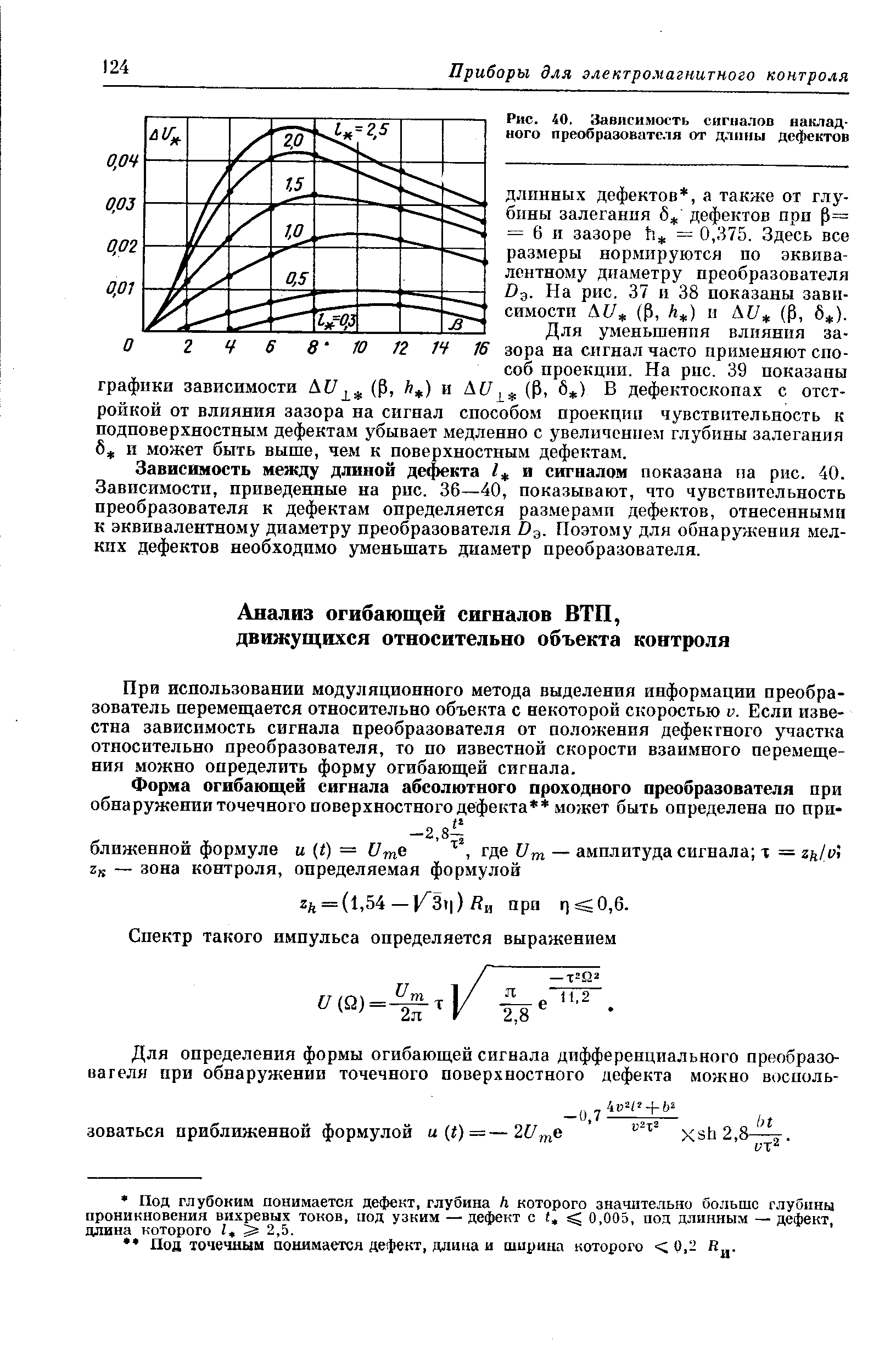 Зависимость между длиной дефекта и сигналом показана на рис. 40. Зависимости, приведенные на рис. 36—40, показывают, что чувствительность преобразователя к дефектам определяется размерамп дефектов, отнесенными к эквивалентному диаметру преобразователя Ьд. Поэтому для обнаружения мелких дефектов необходимо уменьшать диаметр преобразователя.
