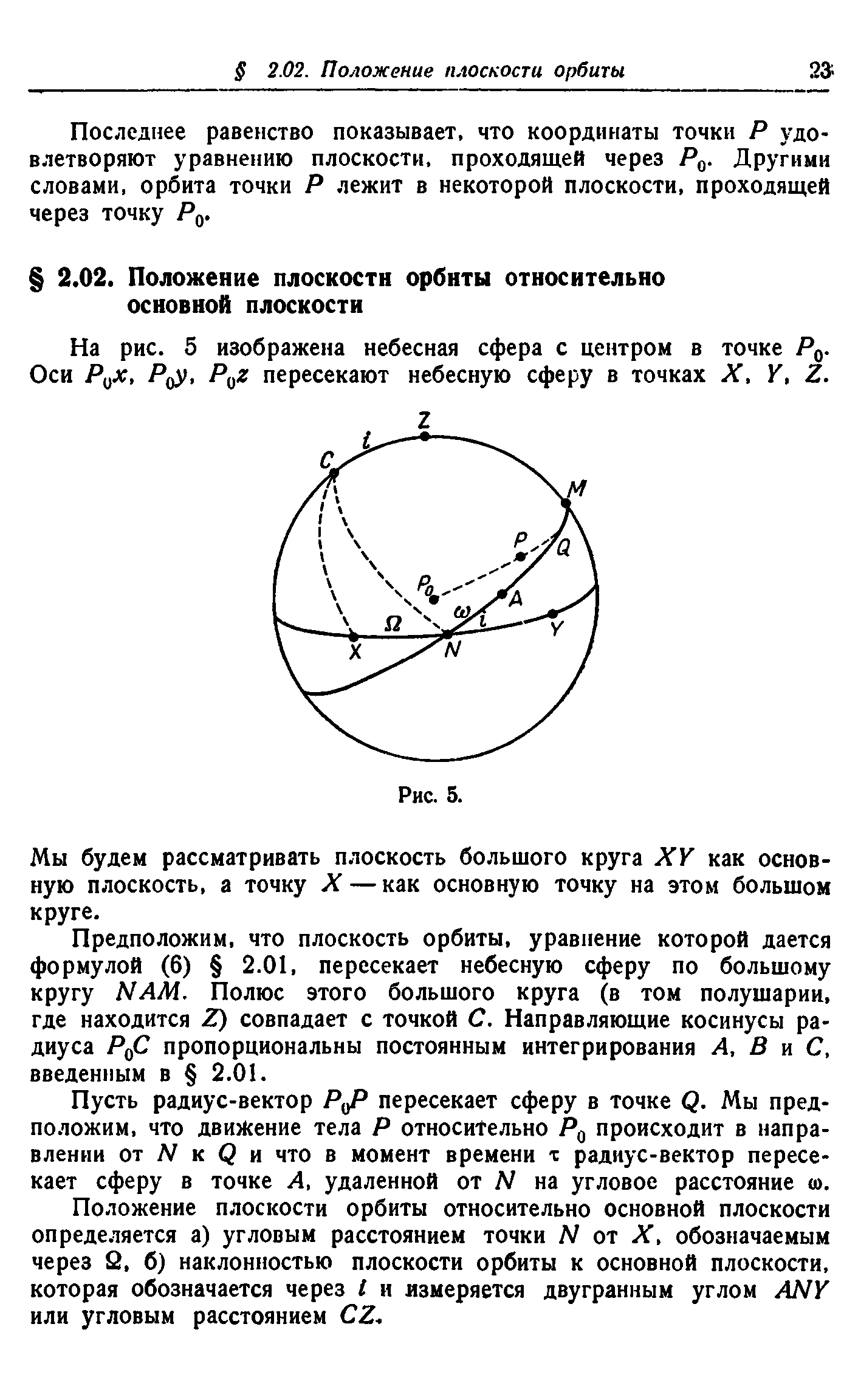 Положение плоскости орбиты относительно основной плоскости определяется а) угловым расстоянием точки N от X, обозначаемым через 2. б) наклонностью плоскости орбиты к основной плоскости, которая обозначается через I и измеряется двугранным углом ШУ или угловым расстоянием Z.
