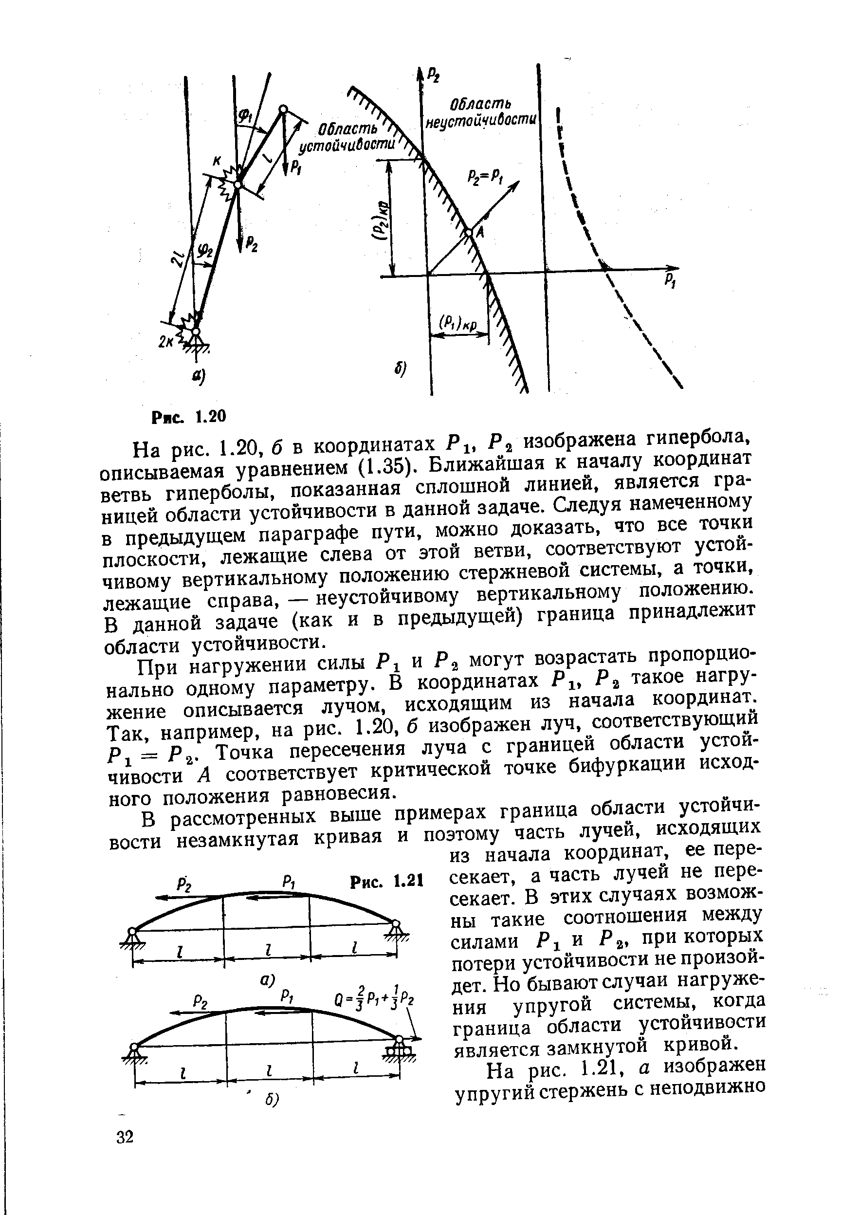 На рис. 1.20, б в координатах f i, изображена гипербола, описываемая уравнением (1.35). Ближайшая к началу координат ветвь гиперболы, показанная сплошной линией, является границей области устойчивости в данной задаче. Следуя намеченному в предыдущем параграфе пути, можно доказать, что все точки плоскости, лежащие слева от этой ветви, соответствуют устойчивому вертикальному положению стержневой системы, а точки, лежащие справа, — неустойчивому вертикальному положению. В данной задаче (как и в предыдущей) граница принадлежит области устойчивости.
