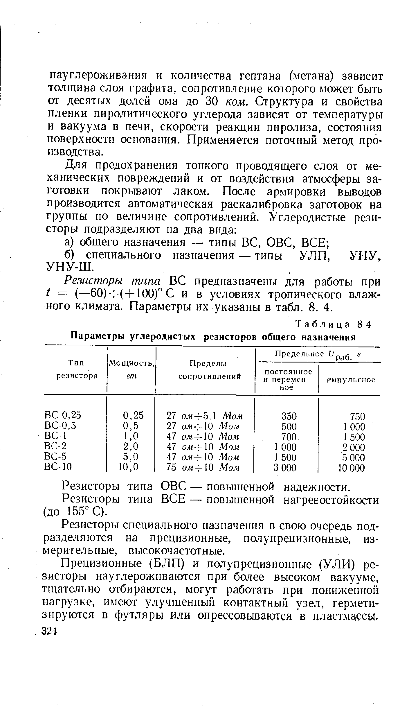 Таблица 8.4 Параметры <a href="/info/230760">углеродистых резисторов</a> общего назначения
