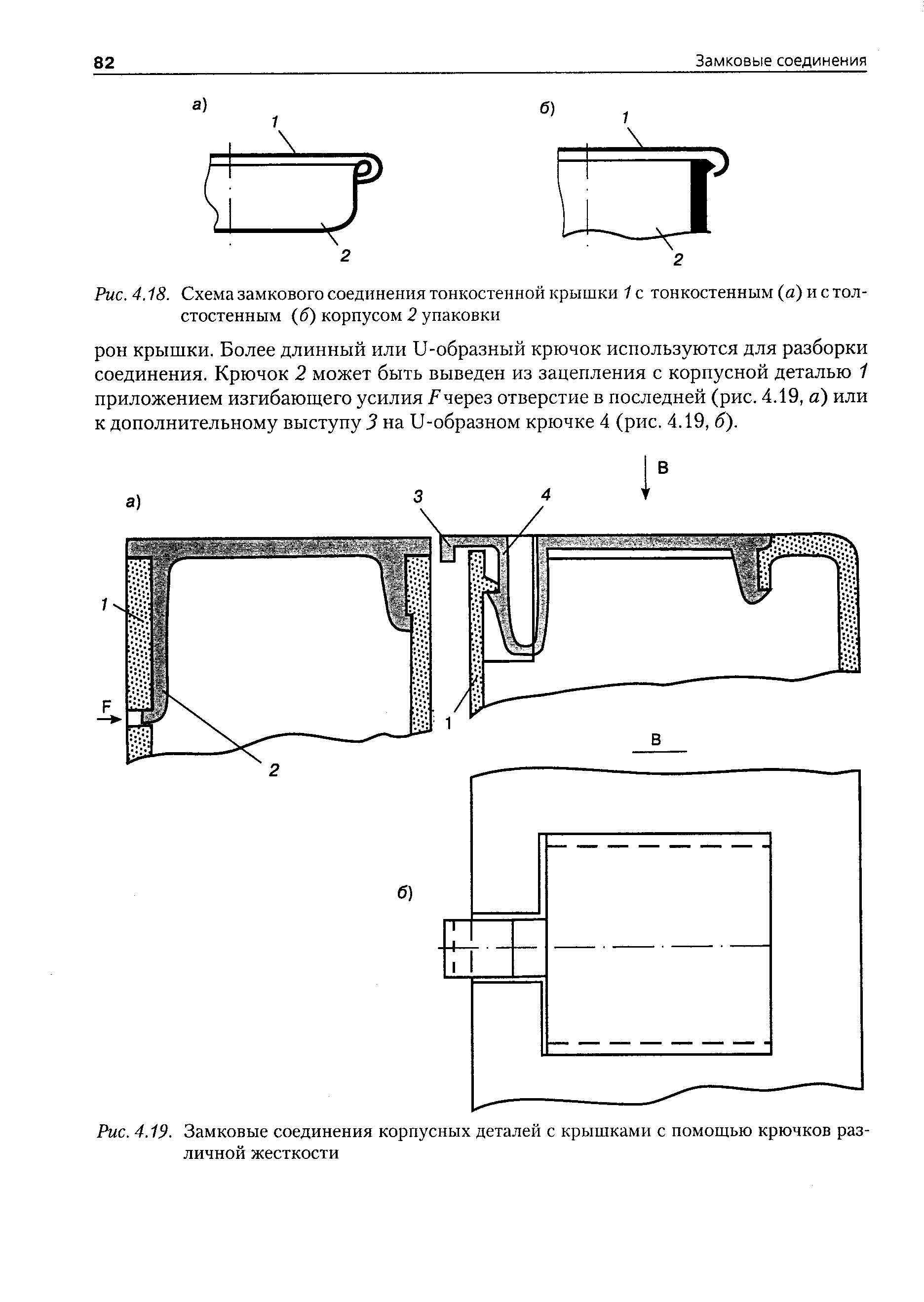 Рис. 4.19. Замковые соединения корпусных деталей с крышками с помощью крючков различной жесткости
