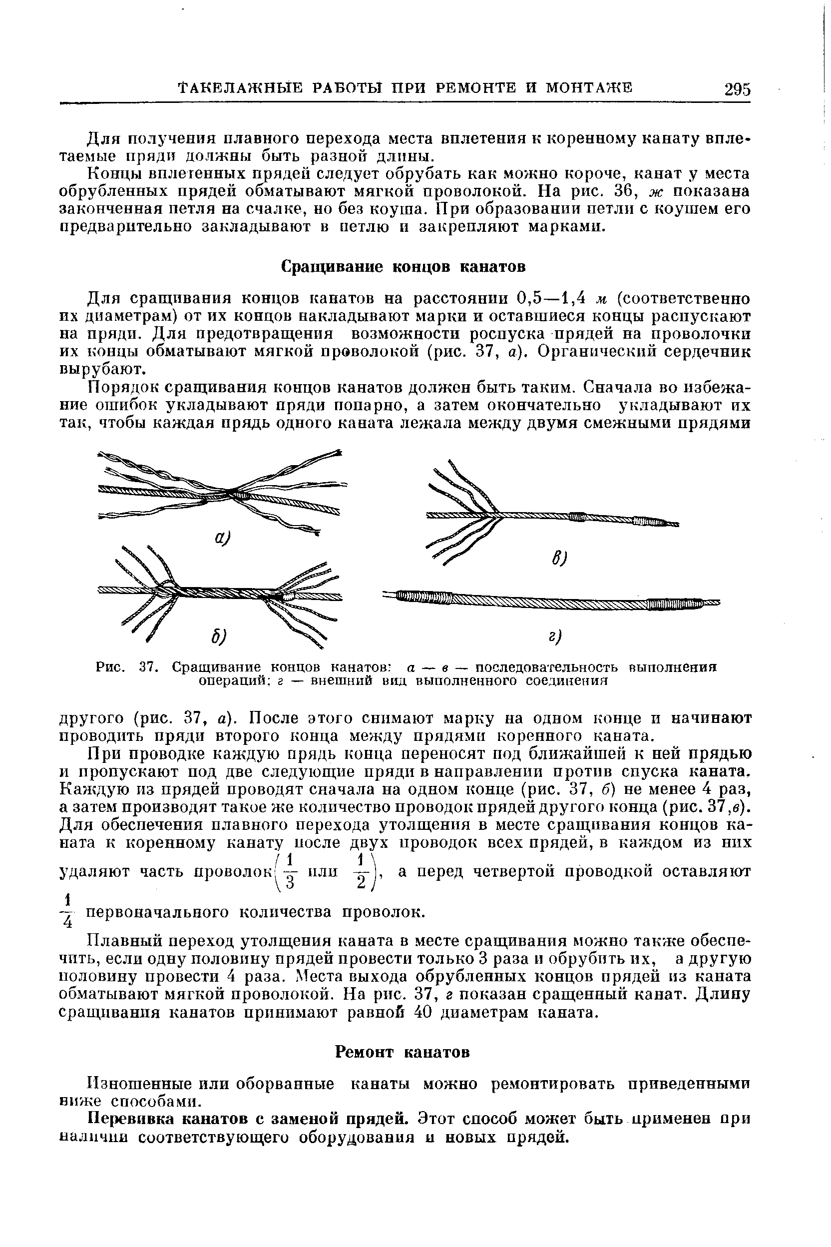 Для сращивания концов канатов на расстоянии 0,5—1,4 м (соответственно их диаметрам) от их концов накладывают марки и оставшиеся концы распускают на пряди. Для предотвращения возможности роспуска прядей на проволочки их концы обматывают мягкой проволокой (рис. 37, а). Органический сердечник вырубают.
