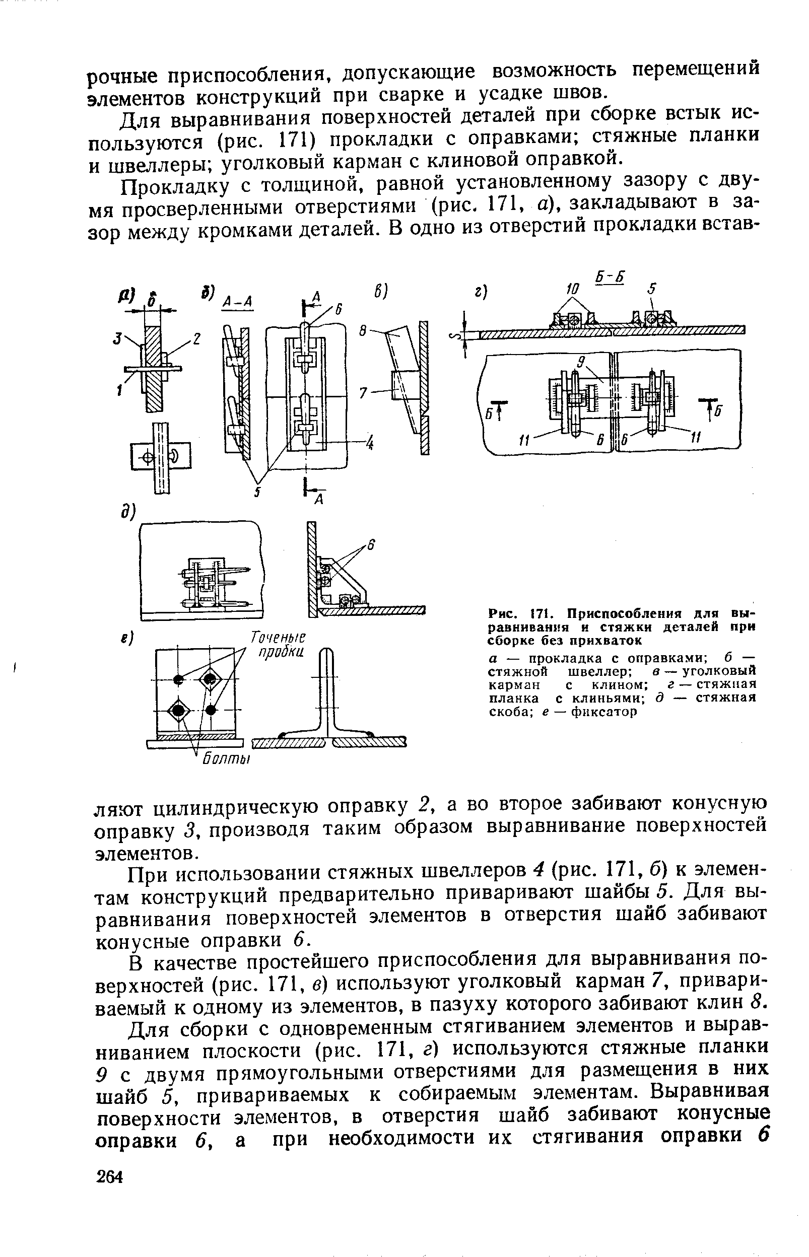 Рис. 171. Приспособления для выравнивания к стяжки деталей при сборке без прихваток
