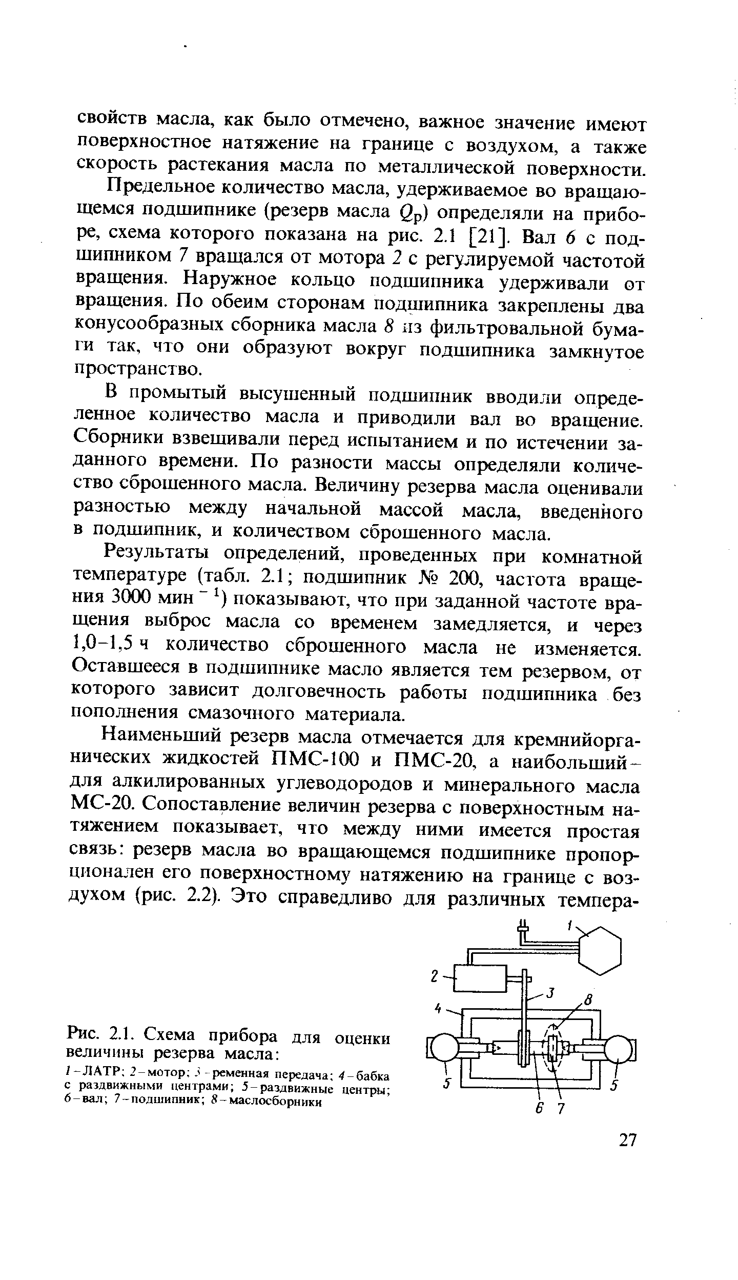 Предельное количество масла, удерживаемое во вращающемся подшипнике (резерв масла Цр) определяли на приборе, схема которого показана на рис. 2.1 [21]. Вал 6 с подшипником 7 вращался от мотора 2 с регулируемой частотой вращения. Наружное кольцо подшипника удерживали от вращения. По обеим сторонам подшипника закреплены два конусообразных сборника масла 8 из фильтровальной бумаги так, что они образуют вокруг подшипника замкнутое пространство.
