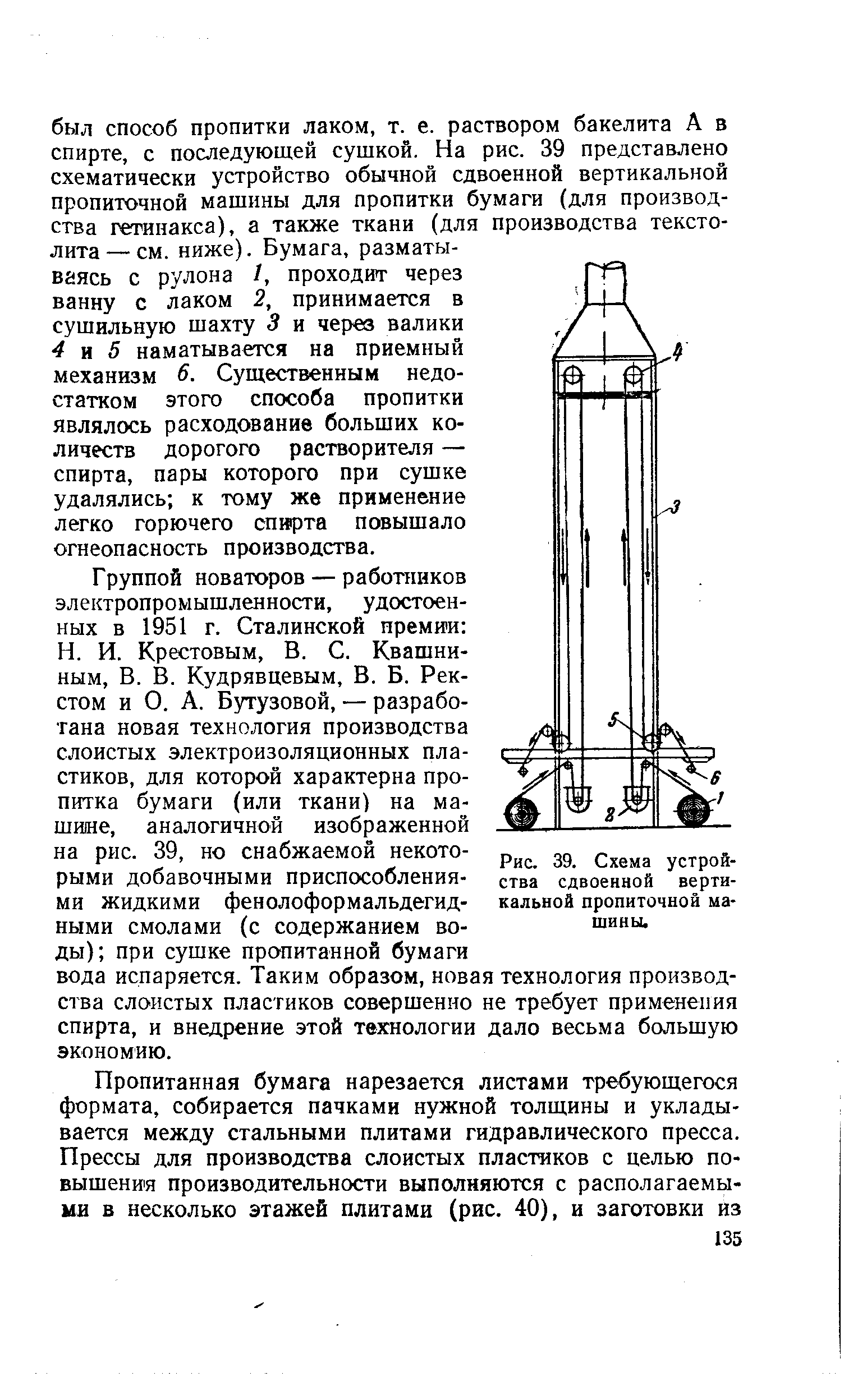 Рис. 39. Схема устройства сдвоенной вертикальной пропиточной машины.
