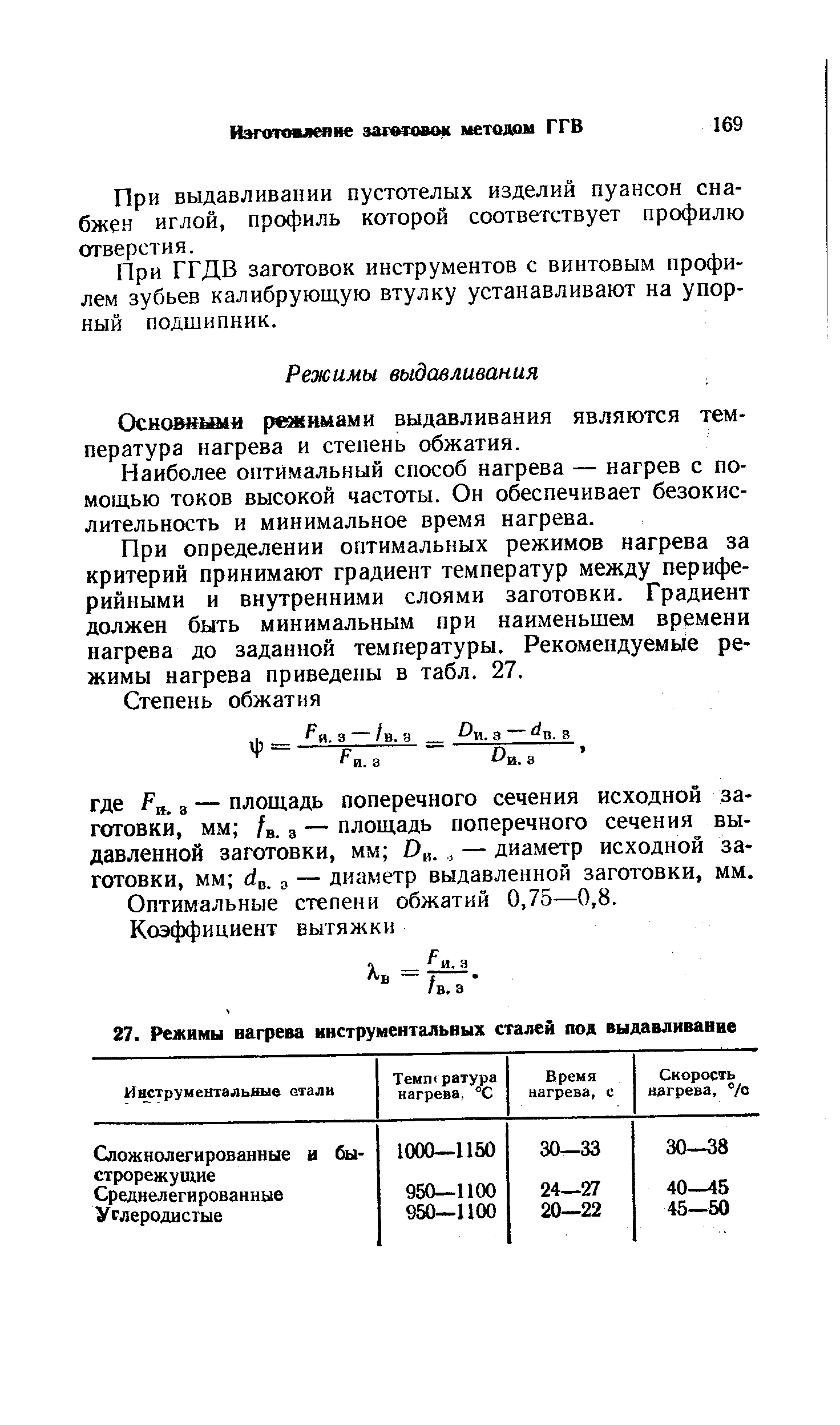 При определении оптимальных режимов нагрева за критерий принимают градиент температур между периферийными и внутренними слоями заготовки. Градиент должен быть минимальным при наименьшем времени нагрева до заданной температуры. Рекомендуемые режимы нагрева приведены в табл. 27.
