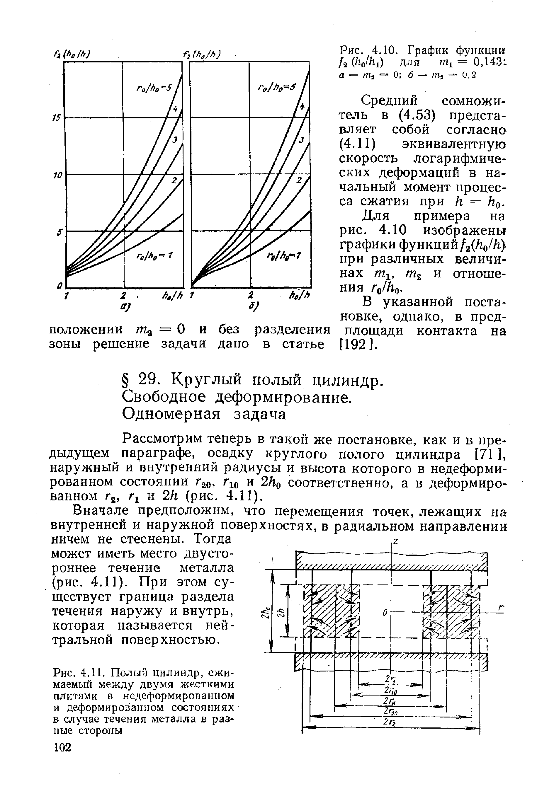 Рассмотрим теперь в такой же постановке, как и в предыдущем параграфе, осадку круглого полого цилиндра [71 ], наружный и внутренний радиусы и высота которого в недеформи-рованном состоянии Гао, и 2Ао соответственно, а в деформированном Гд, и 2h (рис. 4.11).
