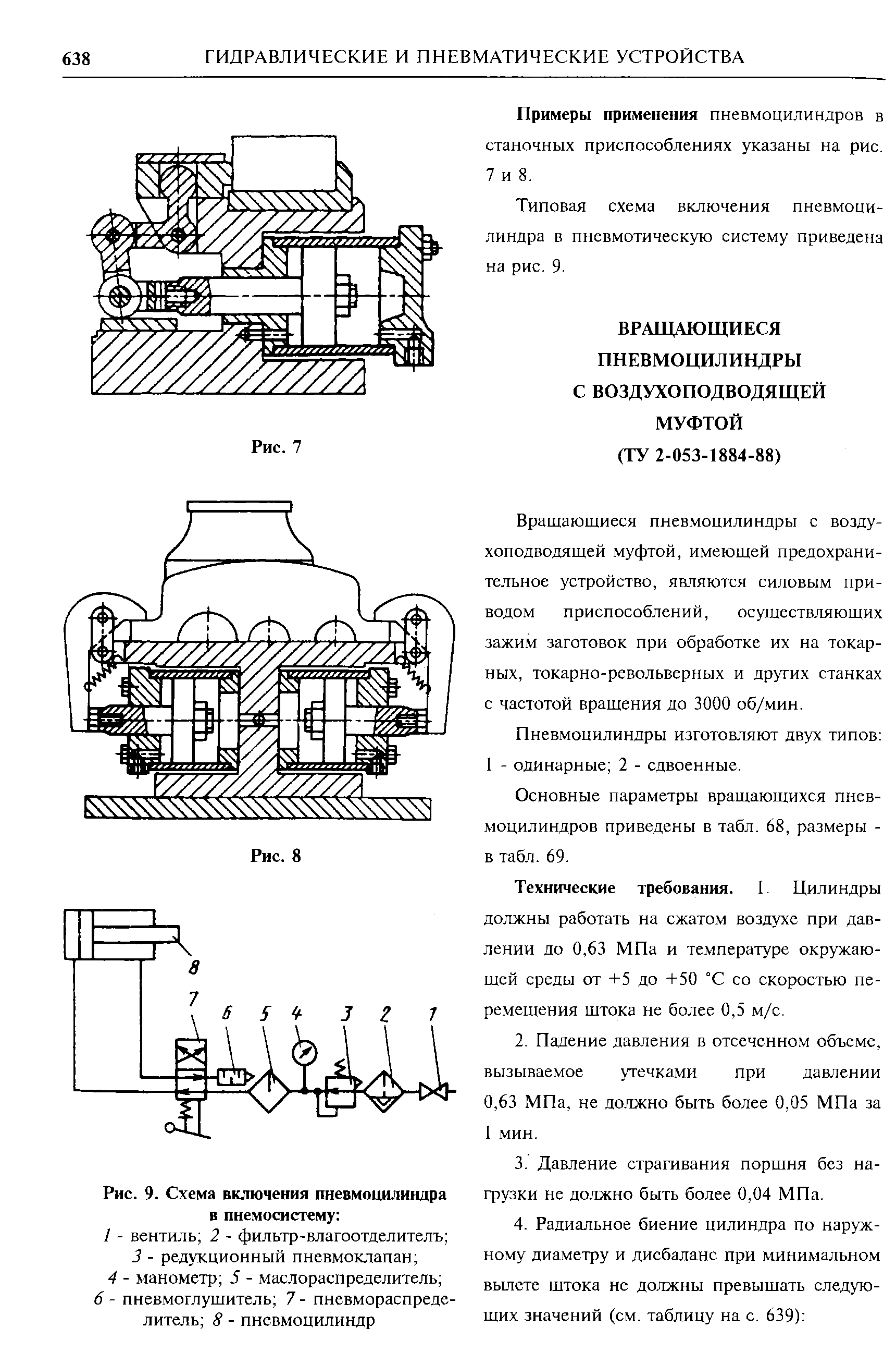 Вращающиеся пневмоцилиндры с воздухоподводящей муфтой, имеющей предохранительное устройство, являются силовым приводом приспособлений, осуществляющих зажим заготовок при обработке их на токарных, токарно-револьверных и других станках с частотой вращения до 3000 об/мин.
