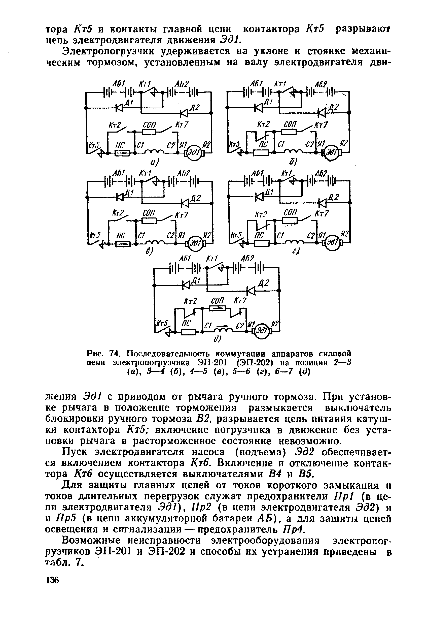 Рис. 74. Последовательность коммутации аппаратов силовой цепи электропогрузчика ЭП-201 (ЭП-202) на позиции 2—3 (а), 3—4 (б), 4—5 (в). 5—6 (г), 6—7 (д)
