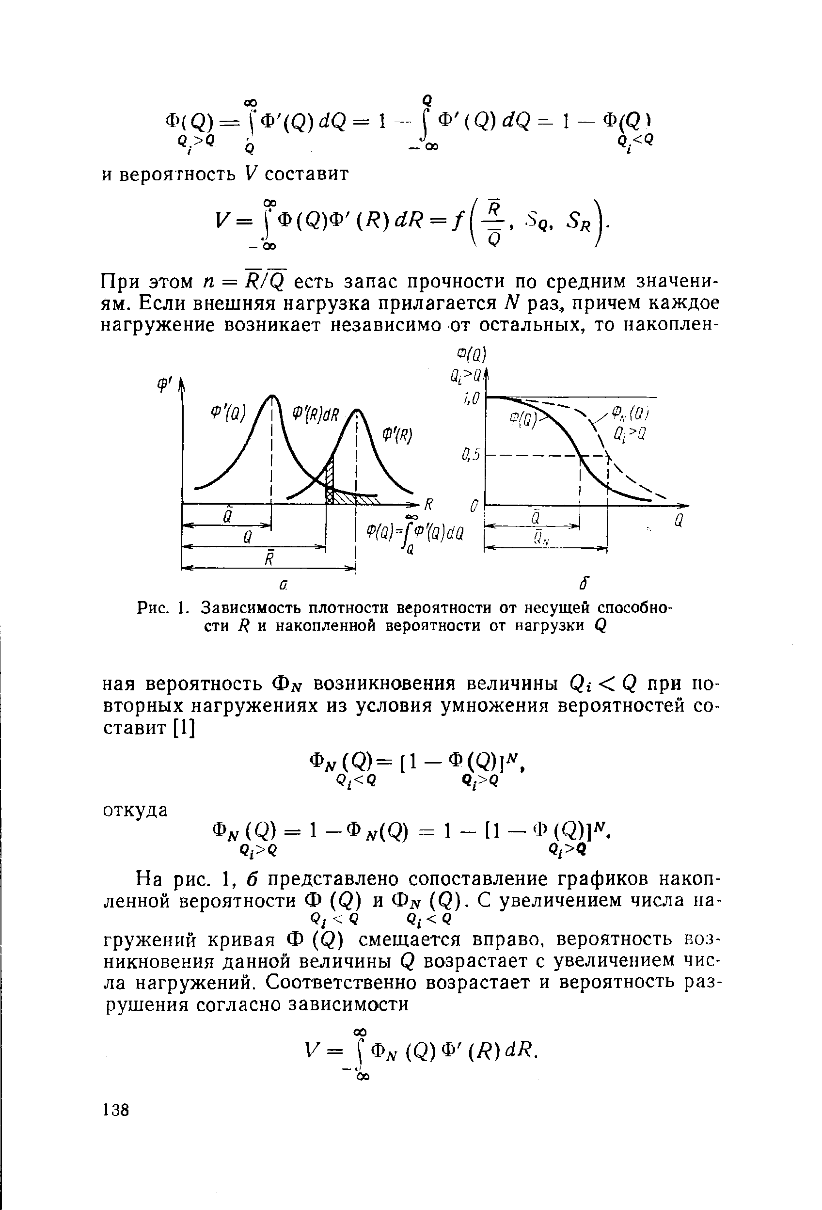 Рис. 1. <a href="/info/531280">Зависимость плотности</a> вероятности от <a href="/info/28804">несущей способности</a> R и накопленной вероятности от нагрузки Q
