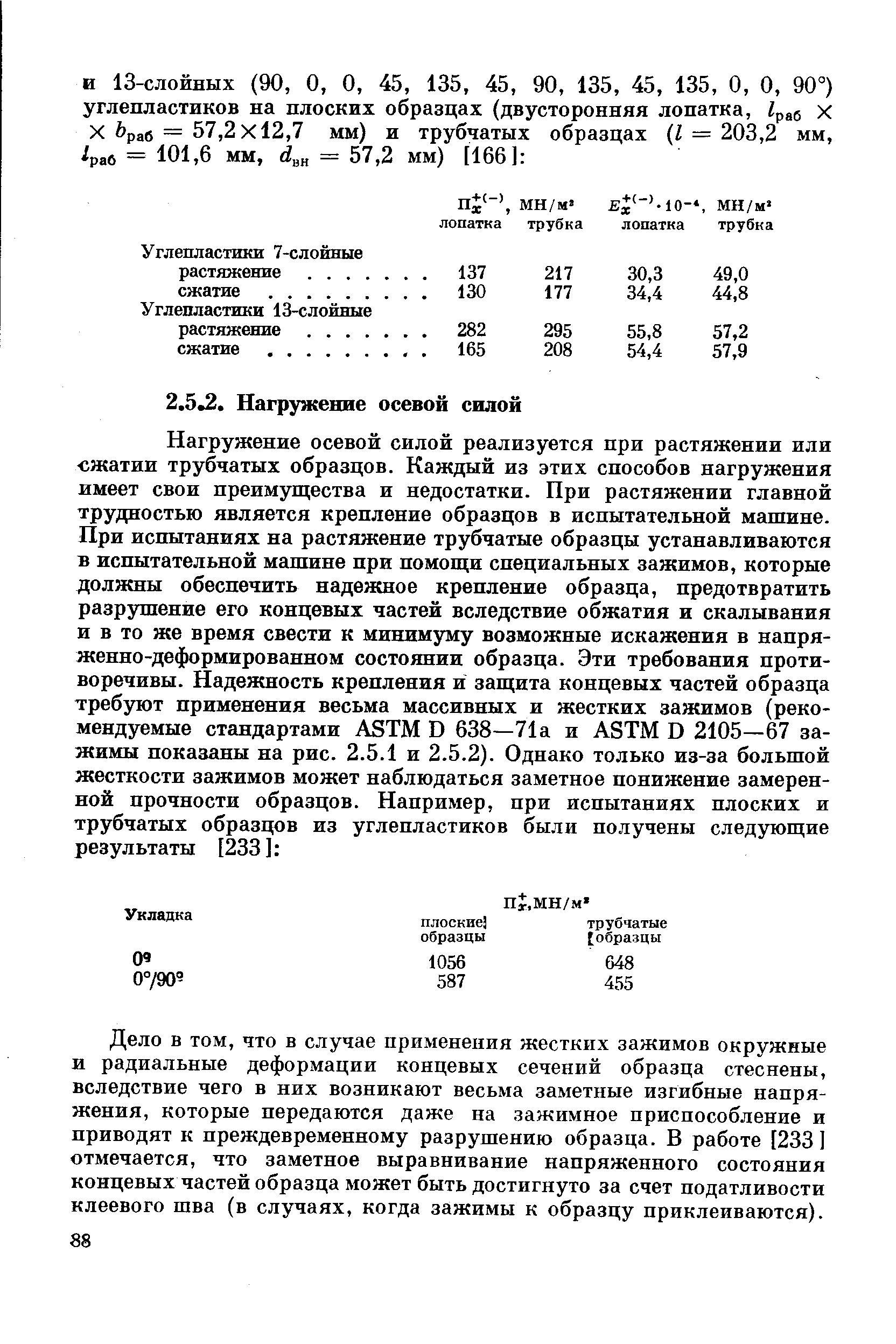 Дело в том, что в случае применения жестких зажимов окружные и радиальные деформации концевых сечений образца стеснены, вследствие чего в них возникают весьма заметные изгибные напряжения, которые передаются даже на зажимное приспособление и приводят к преждевременному разрушению образца. В работе [233] отмечается, что заметное выравнивание напряженного состояния концевых частей образца может быть достигнуто за счет податливости клеевого шва (в случаях, когда зажимы к образцу приклеиваются).
