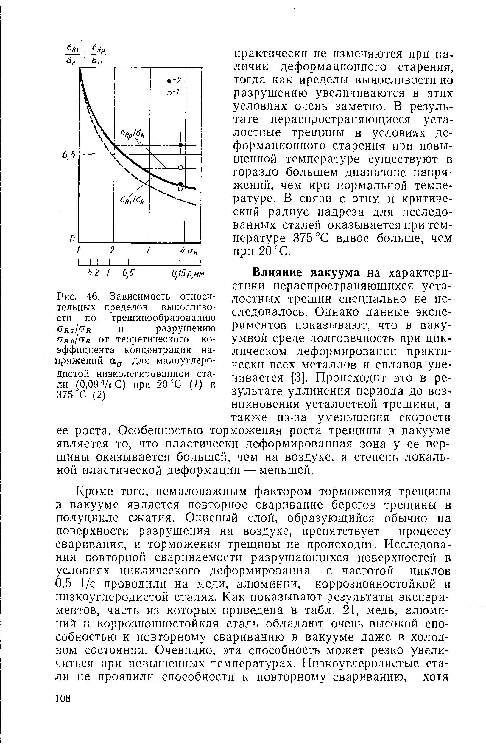 Рис. 46. Зависимость относительных <a href="/info/1473">пределов выносливости</a> по трещинообразованию <Trt/0r и разрушению Онр/сгя от <a href="/info/25612">теоретического коэффициента концентрации напряжений</a> Од для малоуглеродистой низколегированной стали (0,09 "/о С) при 20 °С (1) и 375 °С (2)
