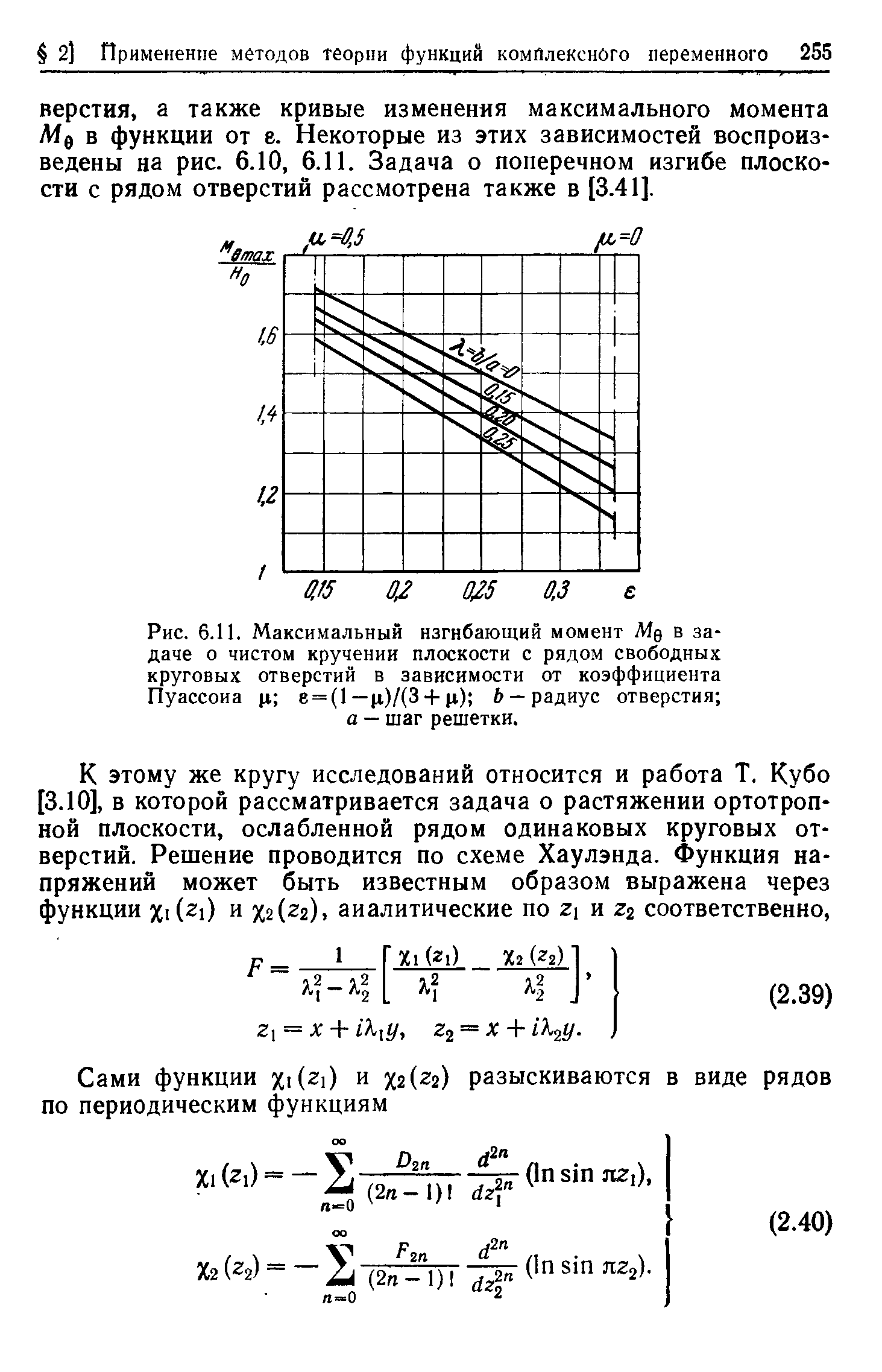 Рис. 6.11. Максимальный изгибающий момент Мд в задаче о <a href="/info/51419">чистом кручении</a> плоскости с рядом свободных круговых отверстий в зависимости от коэффициента Пуассоиа ц е = (1 —ц)/(3ц) 6 —радиус отверстия а — шаг решетки.
