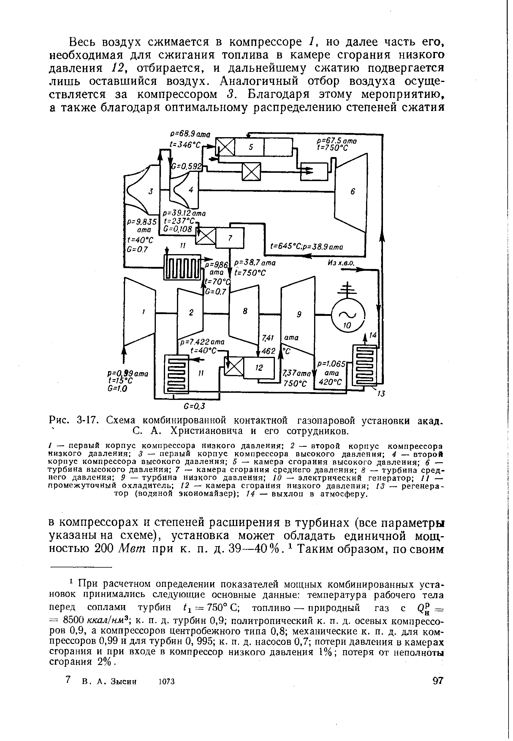 Рис. 3-17. <a href="/info/120984">Схема комбинированной</a> контактной газопаровой установки акад. С. А. Христиановича и его сотрудников.
