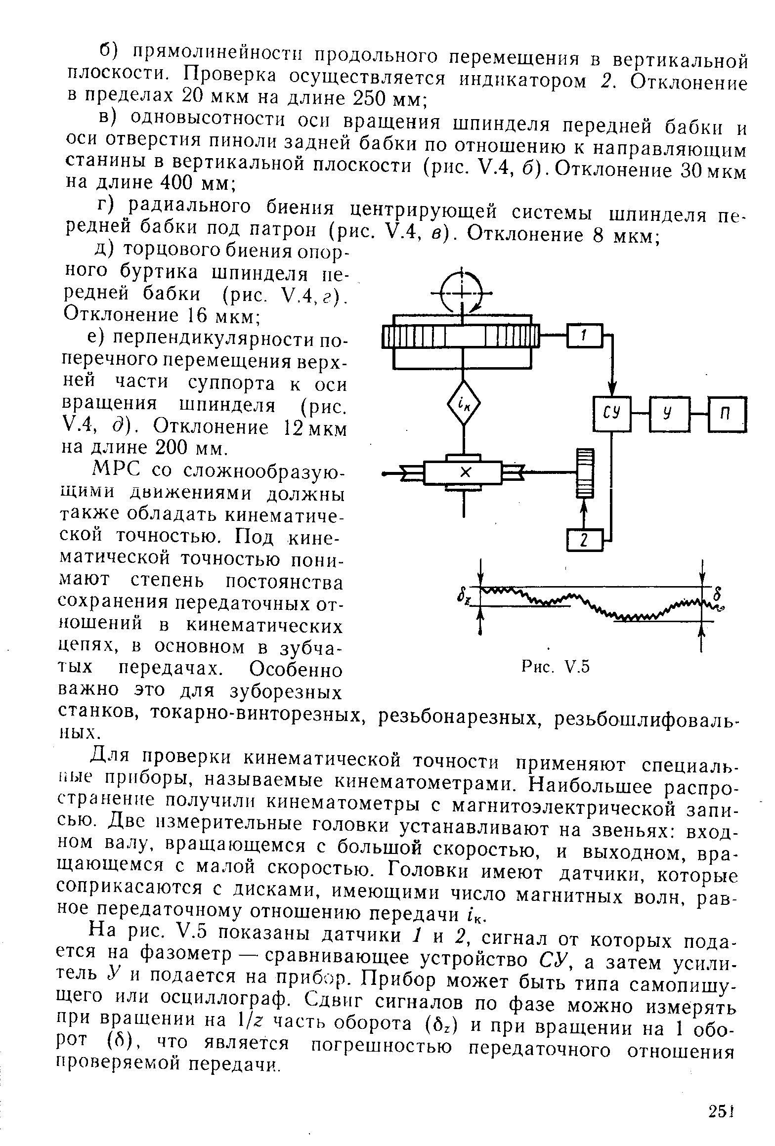 Для проверки кинематической точности применяют специальные приборы, называемые кинематометрами. Наибольшее распространение получили кинематометры с магнитоэлектрической записью. Две измерительные головки устанавливают на звеньях входном валу, вращающемся с большой скоростью, и выходном, вращающемся с малой скоростью. Головки имеют датчики, которые соприкасаются с дисками, имеющими число магнитных волн, равное передаточному отношению передачи /к.
