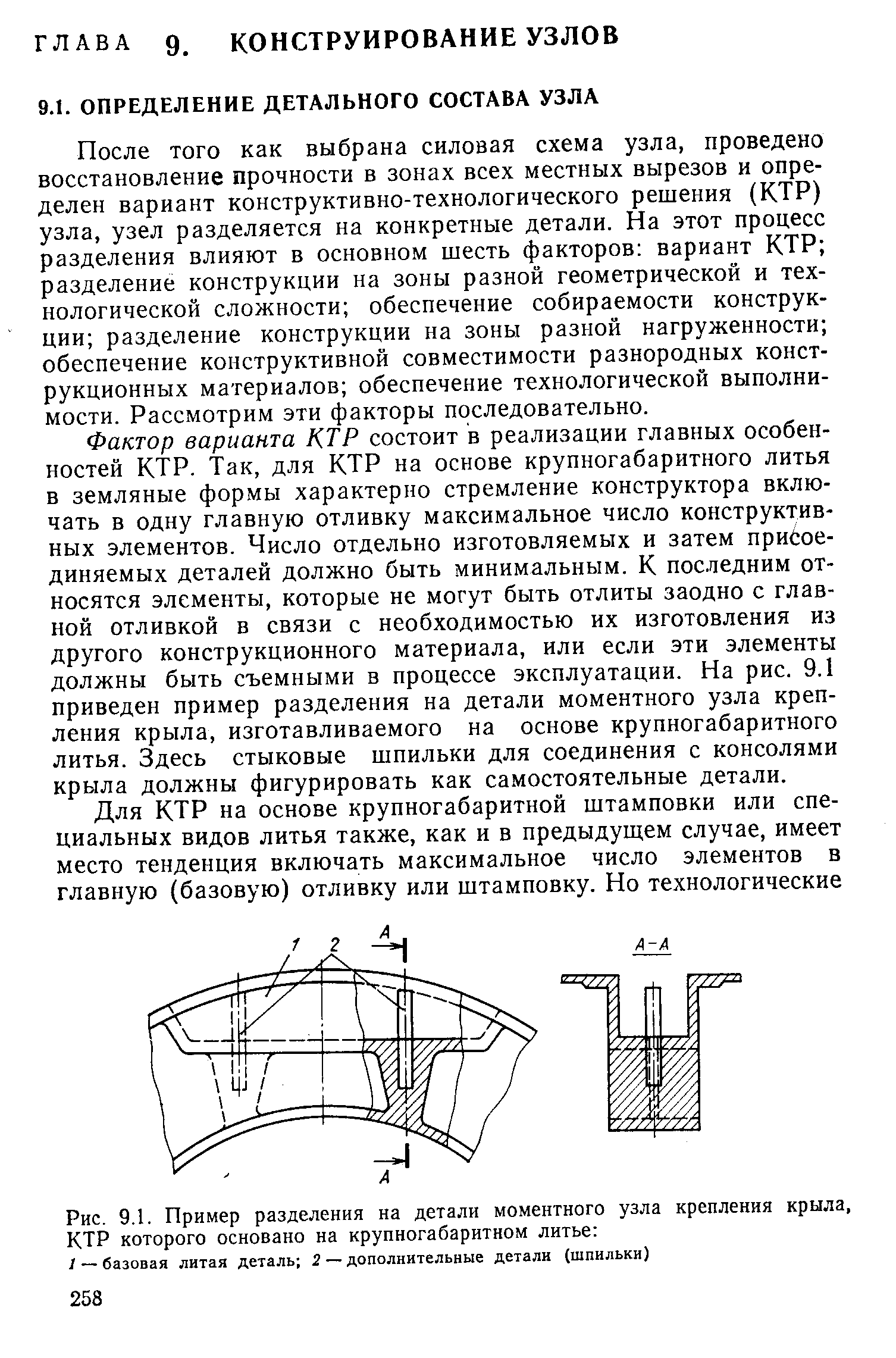 Рис. 9.1. Пример разделения на детали моментного узла крепления крыла, КТР которого основано на крупногабаритном литье 
