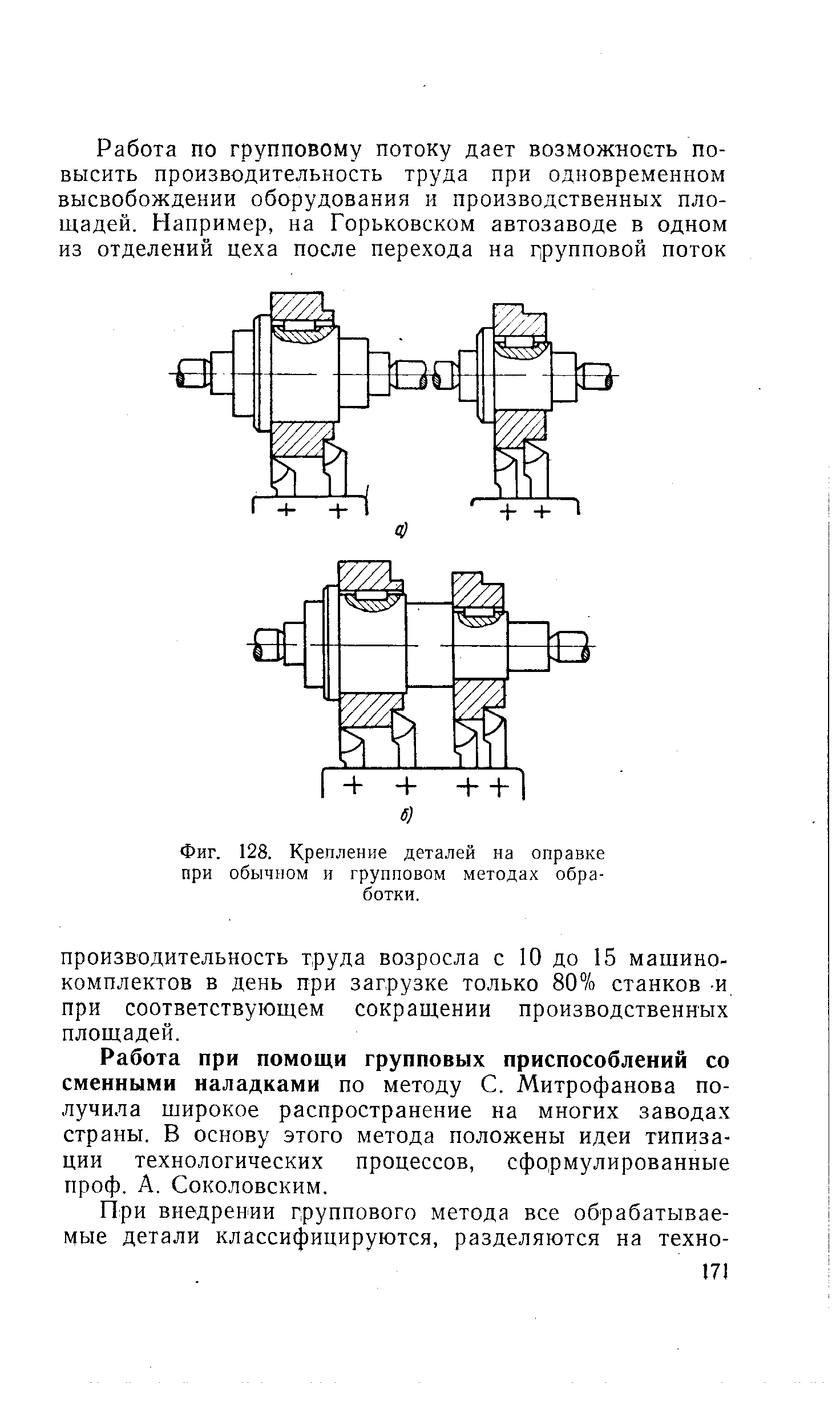 Фиг. 128. <a href="/info/630467">Крепление деталей</a> на оправке при обычном и групповом методах обработки.
