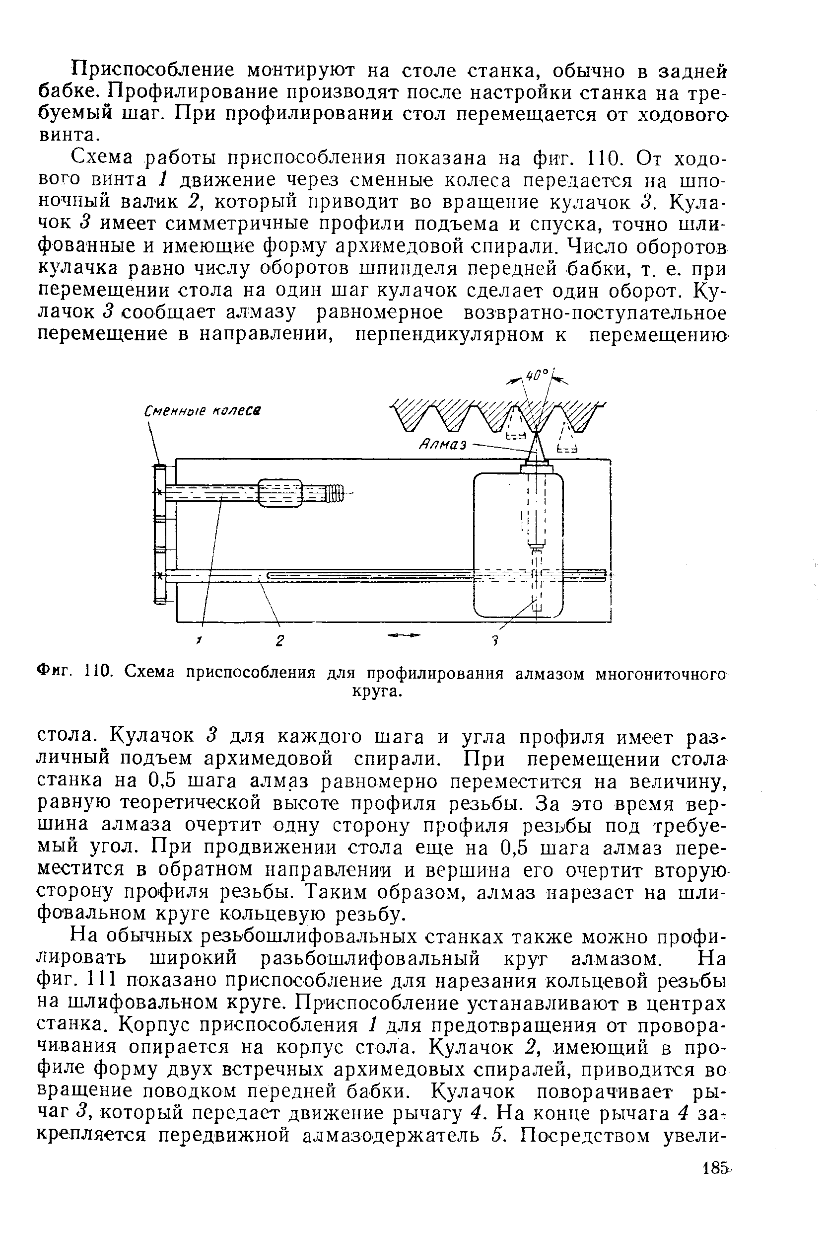 Фиг. 110. Схема приспособления для профилирования алмазом многониточного

