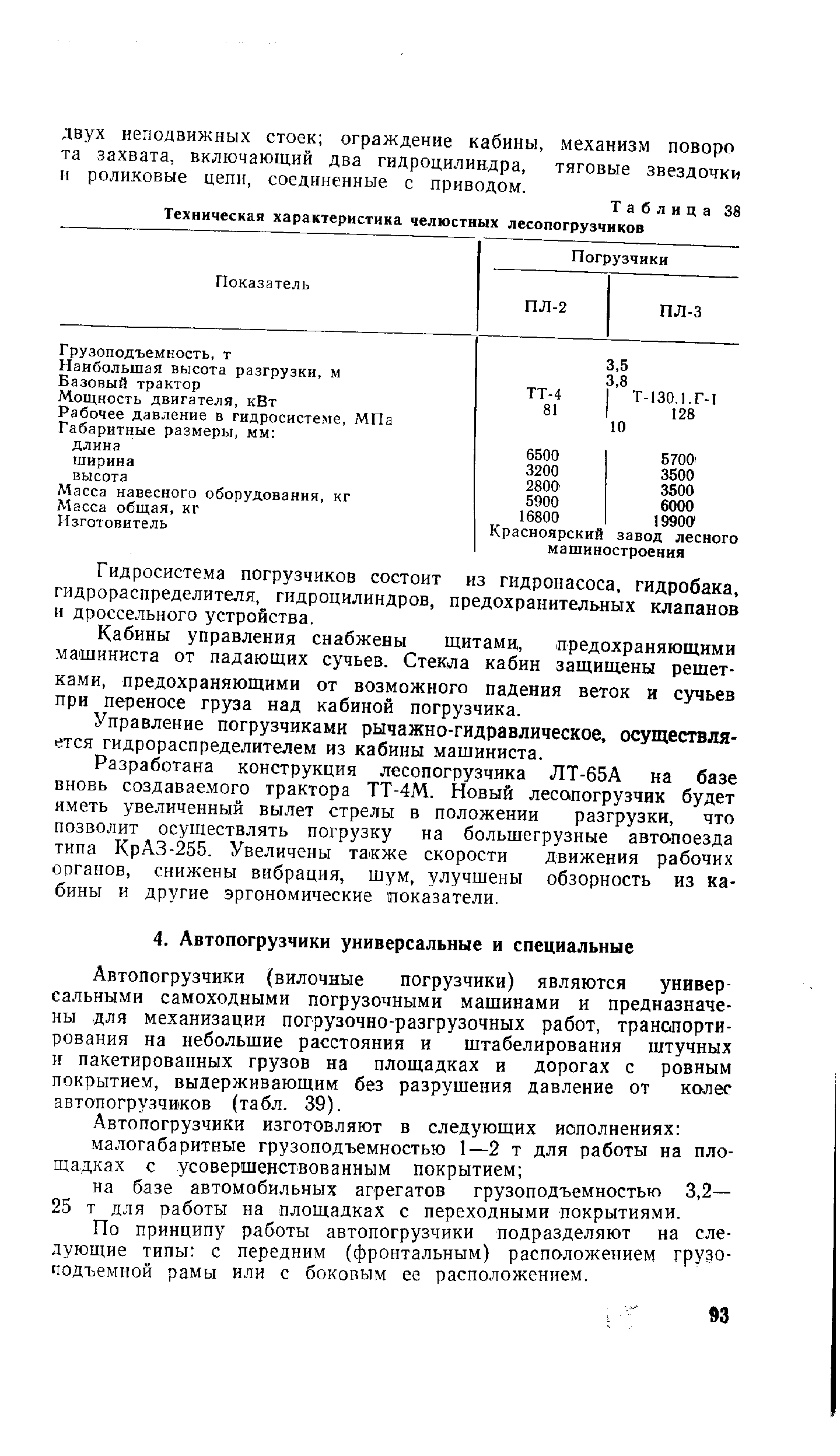 Таблица 38 Техническая характеристика челюстных лесопогрузчиков
