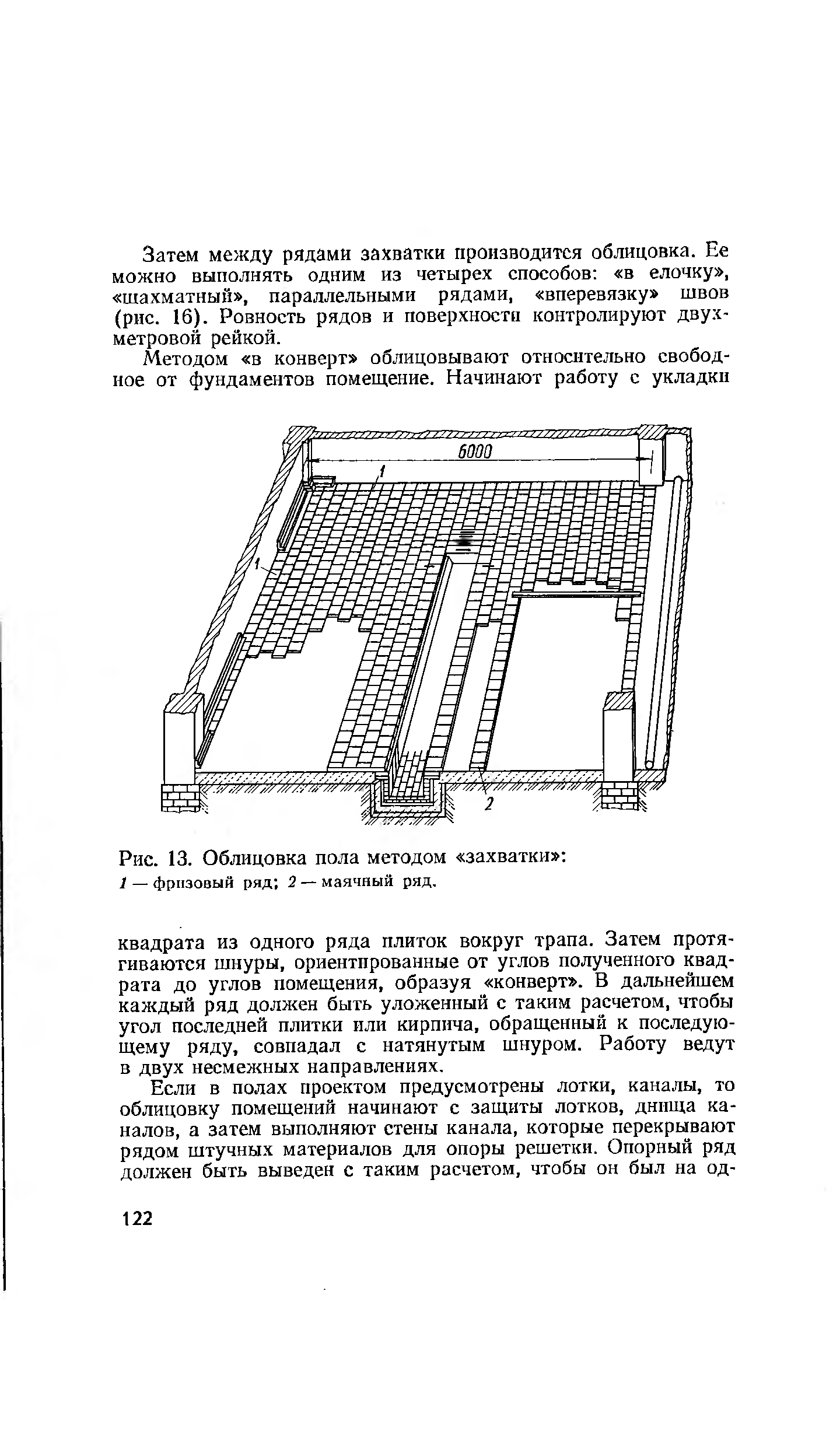 Рис. 13. Облицовка <a href="/info/31739">пола методом</a> захватки 1 — фризовый ряд 2 — маячный ряд.
