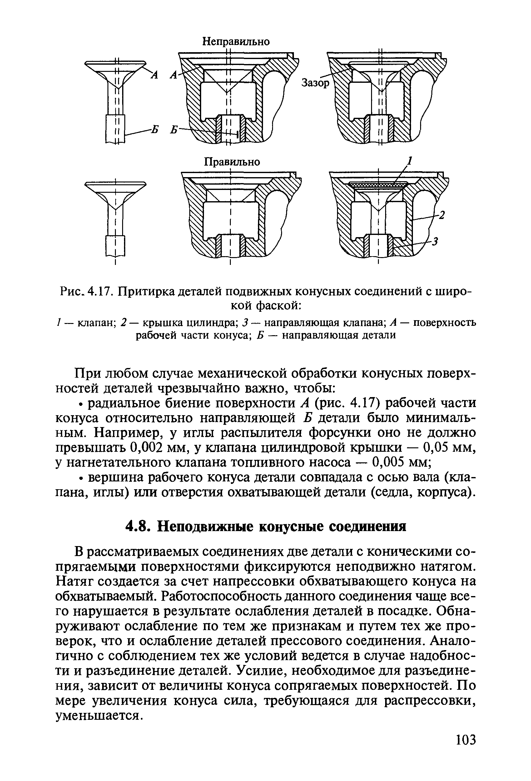 В рассматриваемых соединениях две детали с коническими сопрягаемыми поверхностями фиксируются неподвижно натягом. Натяг создается за счет напрессовки обхватывающего конуса на обхватываемый. Работоспособность данного соединения чаще всего нарушается в результате ослабления деталей в посадке. Обнаруживают ослабление по тем же признакам и путем тех же проверок, что и ослабление деталей прессового соединения. Аналогично с соблюдением тех же условий ведется в случае надобности и разъединение деталей. Усилие, необходимое для разъединения, зависит от величины конуса сопрягаемых поверхностей. По мере увеличения конуса сила, требующаяся для распрессовки, уменьшается.
