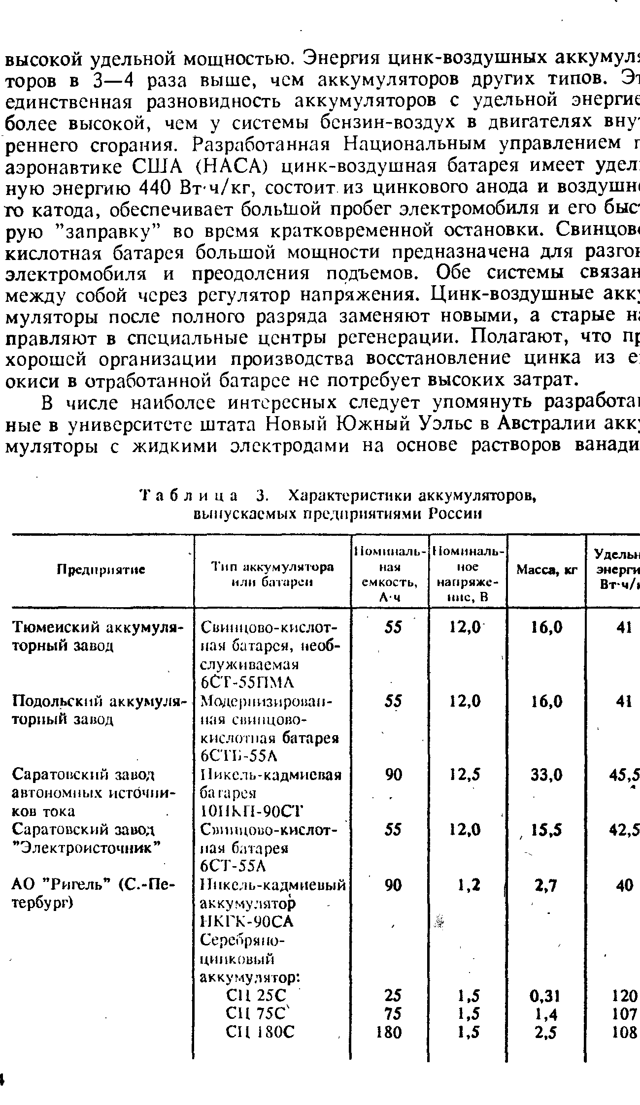Таблица 3. Характеристики аккумуляторов, выпускаемых прелприятиями России

